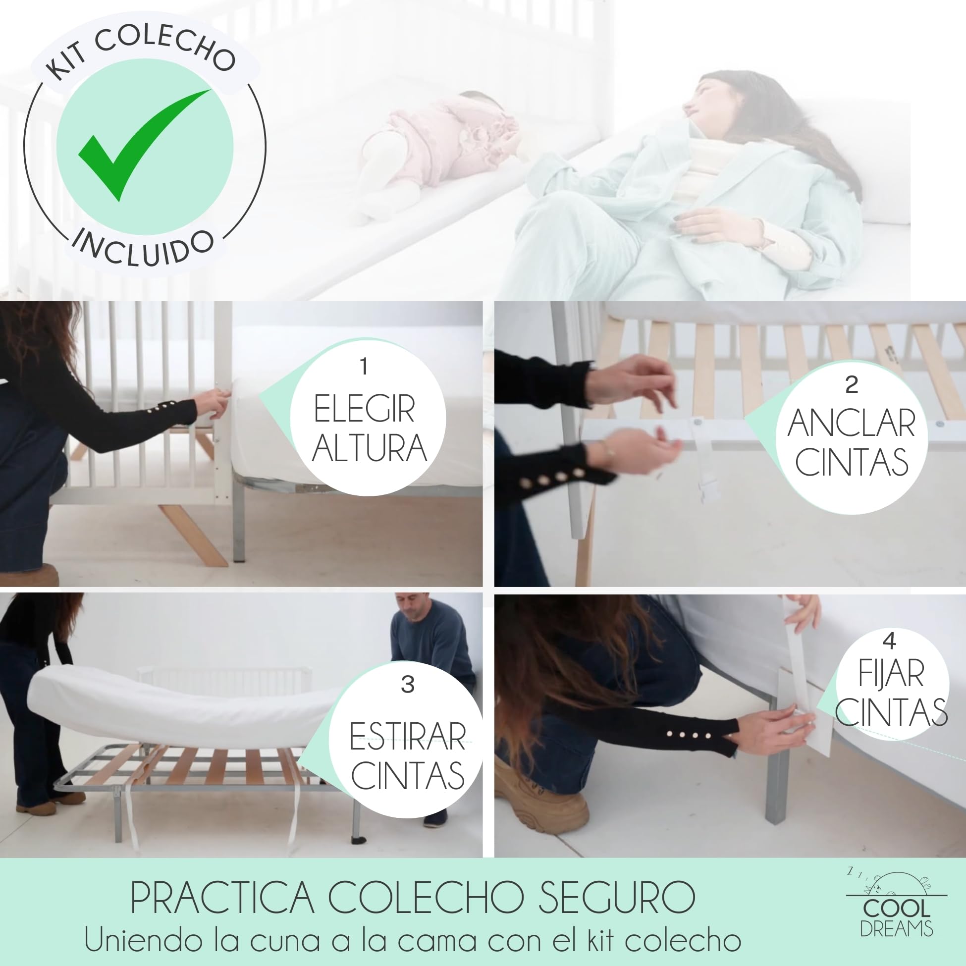 Cuna Bebe con colchon Nuru. Incluye el Kit colecho para unir la Cuna a la Cama con Seguridad y el colchón Top Ventas Morfeo. con normativa Europea CoolDreams