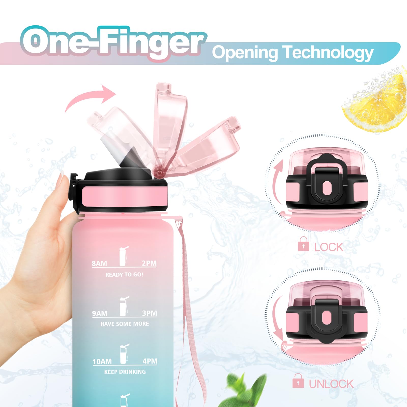 KollyKolla Borraccia 1L, Borraccia con Cannuccia e Marcatori Temporali, Bottiglia Riutilizzabile, senza BPA, Bottiglia Acqua A Prova di Perdite, ideale per Fitness, Scuola, Ufficio, Yoga