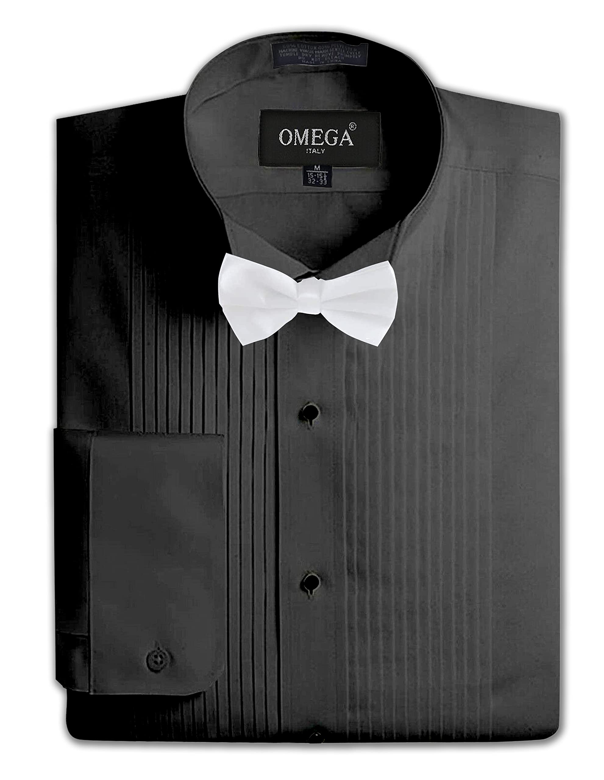 OmegaTux Mens Formal Wing Collar Tuxedo Shirt, 1/4" Pleat, Black, 16.5" Neck 39" Sleeve