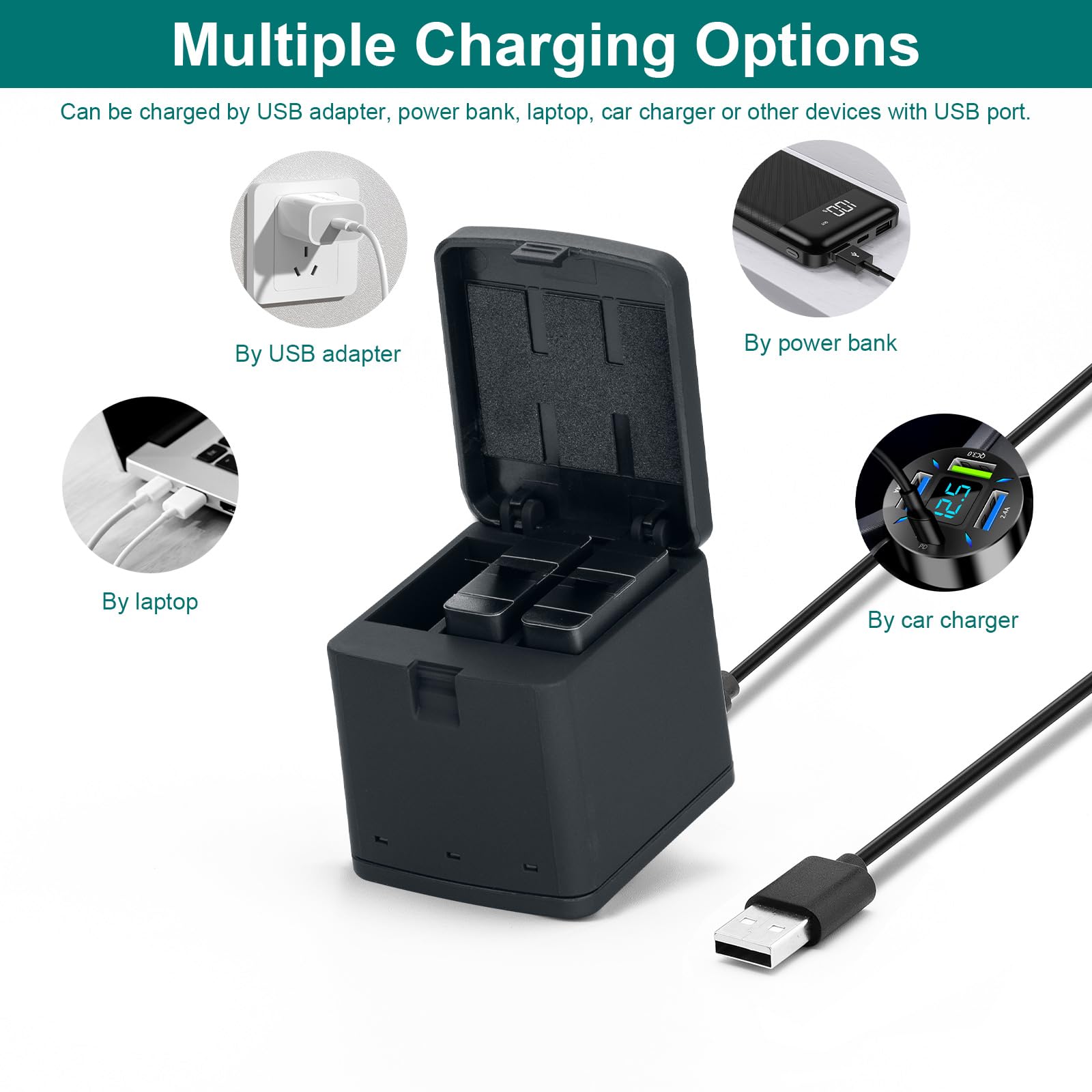 Kit de chargeur de batterie pour GoPro Hero 8, 7, 6, 5 triple chargeur et boîte de rangement de batterie, chargeur à 3 canaux avec 2 batteries lithium-ion rechargeables pour GoPro