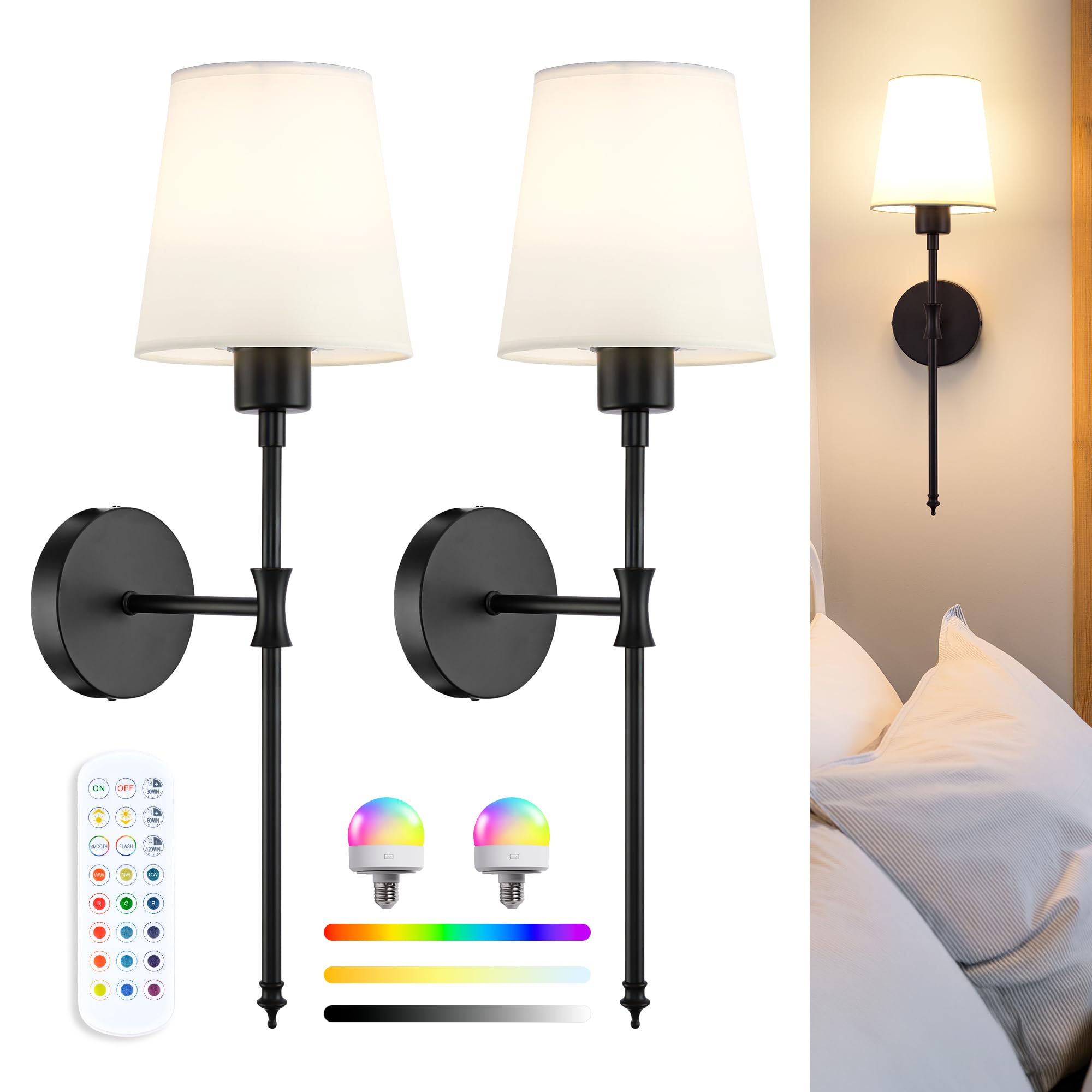 LuminexDesigns Rechargeable Wireless Wall Sconce Lights Set of 2 – Vintage Elegant Fabric Shade Magnetic RGB Bulb with Remote Control, Battery Operated Wall Lights for Bedroom & Living Room, Black