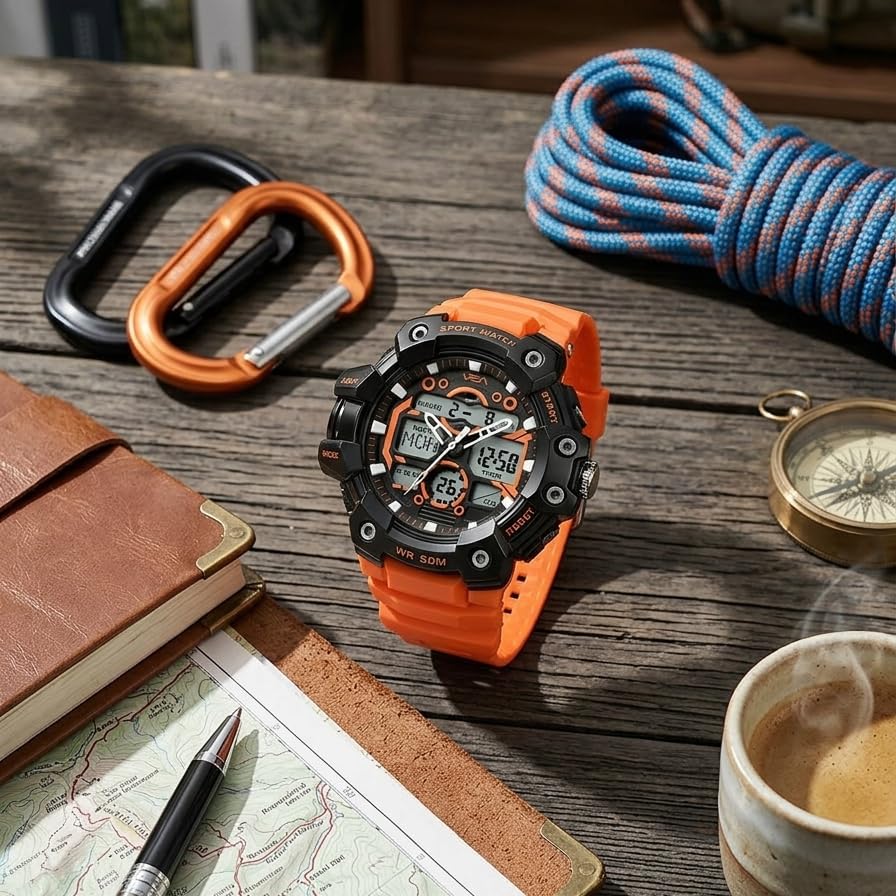 Image of V2A Stryke 53mm Analog Digital Sports Watch for Men | 3 Alarms & Countdown Timer | Layered Multi-Display Dial | Stopwatch, Dual Time, Day-Date | TPU Strap | 50M Water Resistant | Gift for Men