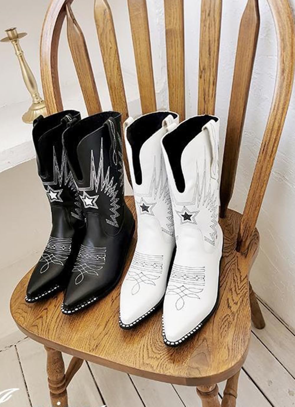 Stivaletti da Cowgirl Occidentali Donna, Stivali Country Casual in Pelle con Punta Tagliata Ricamata retrò, Stivaletti Classici Comodi con Tacco Basso e cuciti,Nero,46 EU