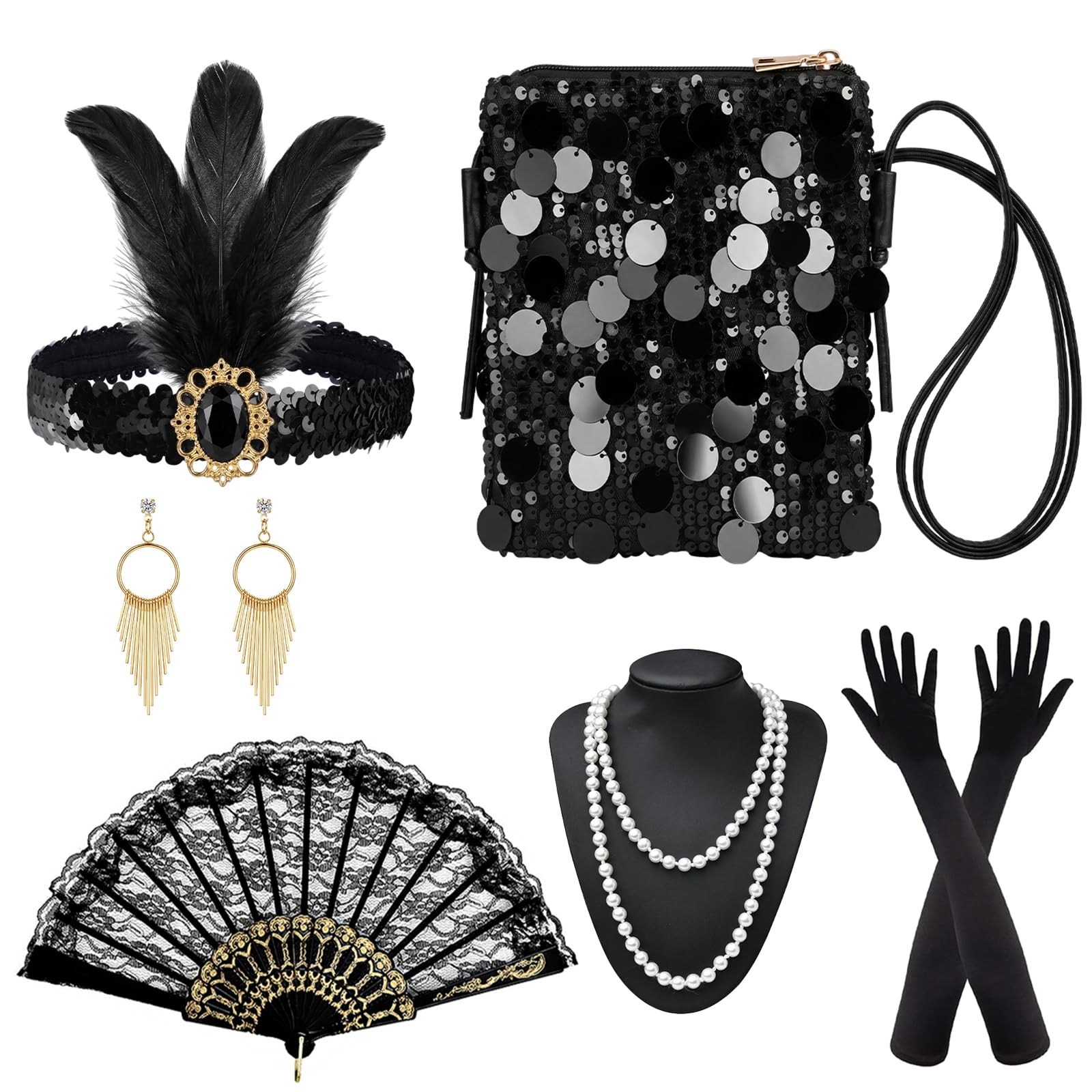 GLGHMH 7PCS 1920s Flapper Accessories Set Vintage Roaring Twenties Fancy Dress Outfit for Women Adults Halloween