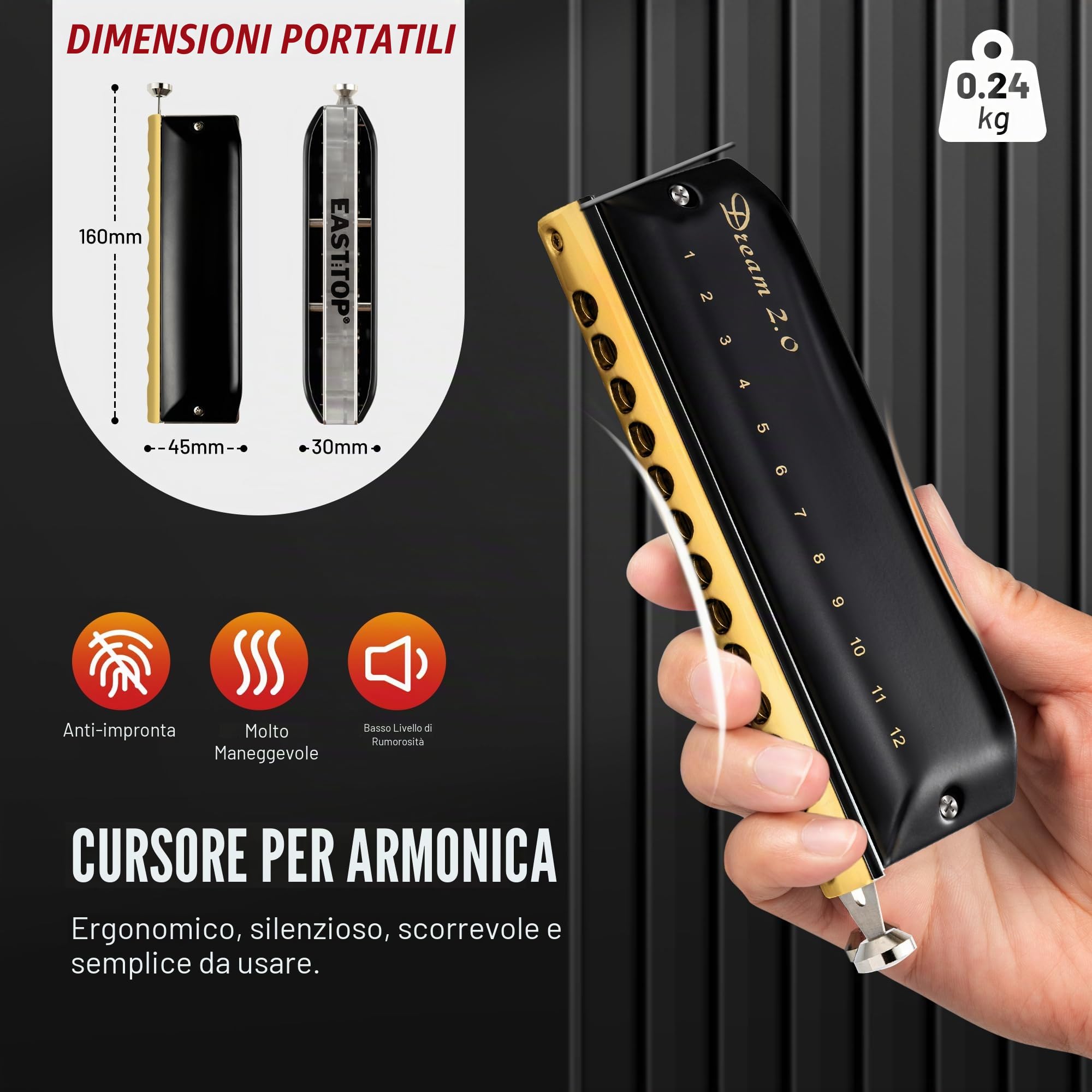 EAST TOP Armonica cromatica in chiave di do, 12 fori, 48 toni, professionale, per adulti, professionisti e studenti, nera