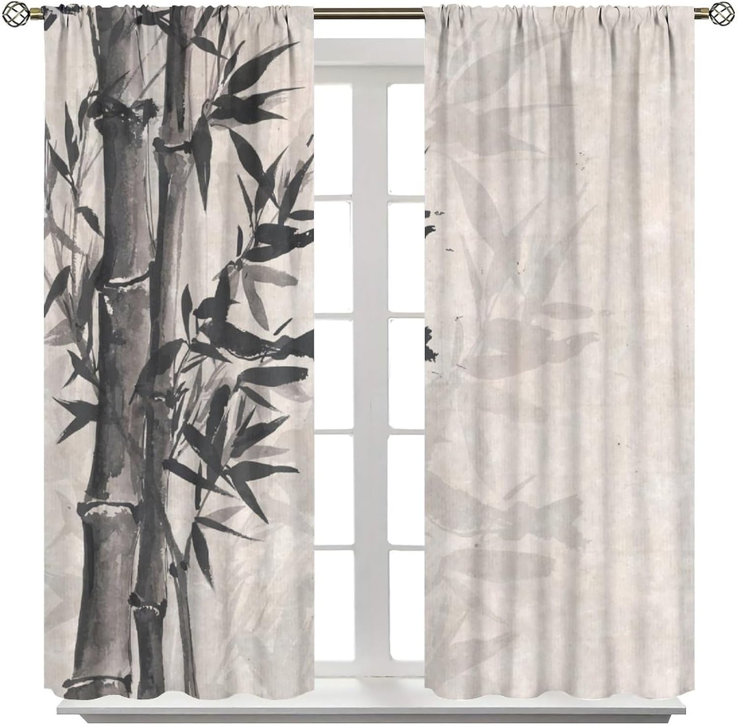 Chinese Ink and Wash Bamboo Curtain Quiet Elegant and Rustic Natural Plant Printed Rod Pocket Blackout Curtains for Bedroom Living Room Decor 42" W X 54" L