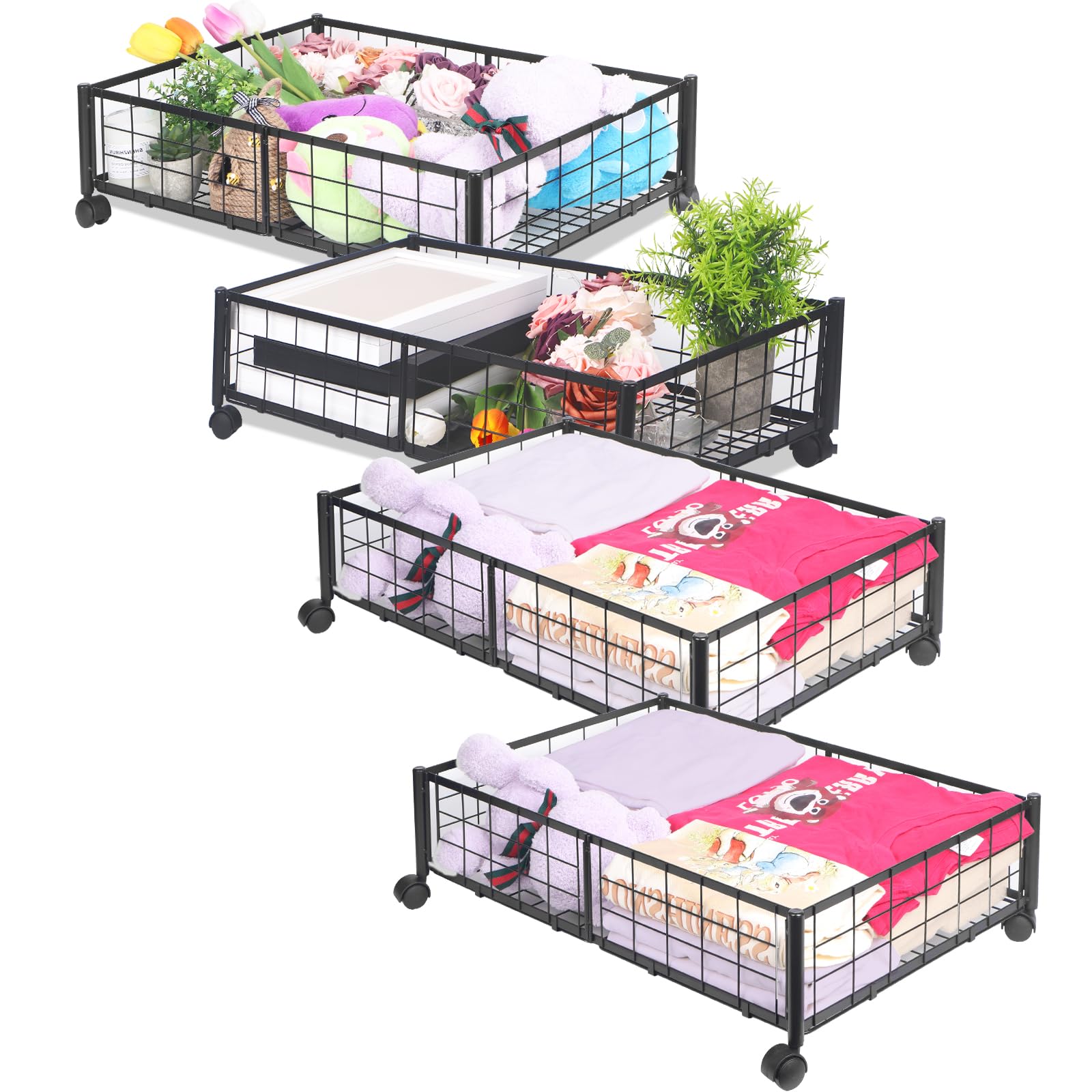 Kmise Underbed Storage With Wheels,Metal Under Bed Storage Containers For Bedroom Clothes Blankets Toy Book Bedding Shoes Storage Organizer (4 Pcs, Black)