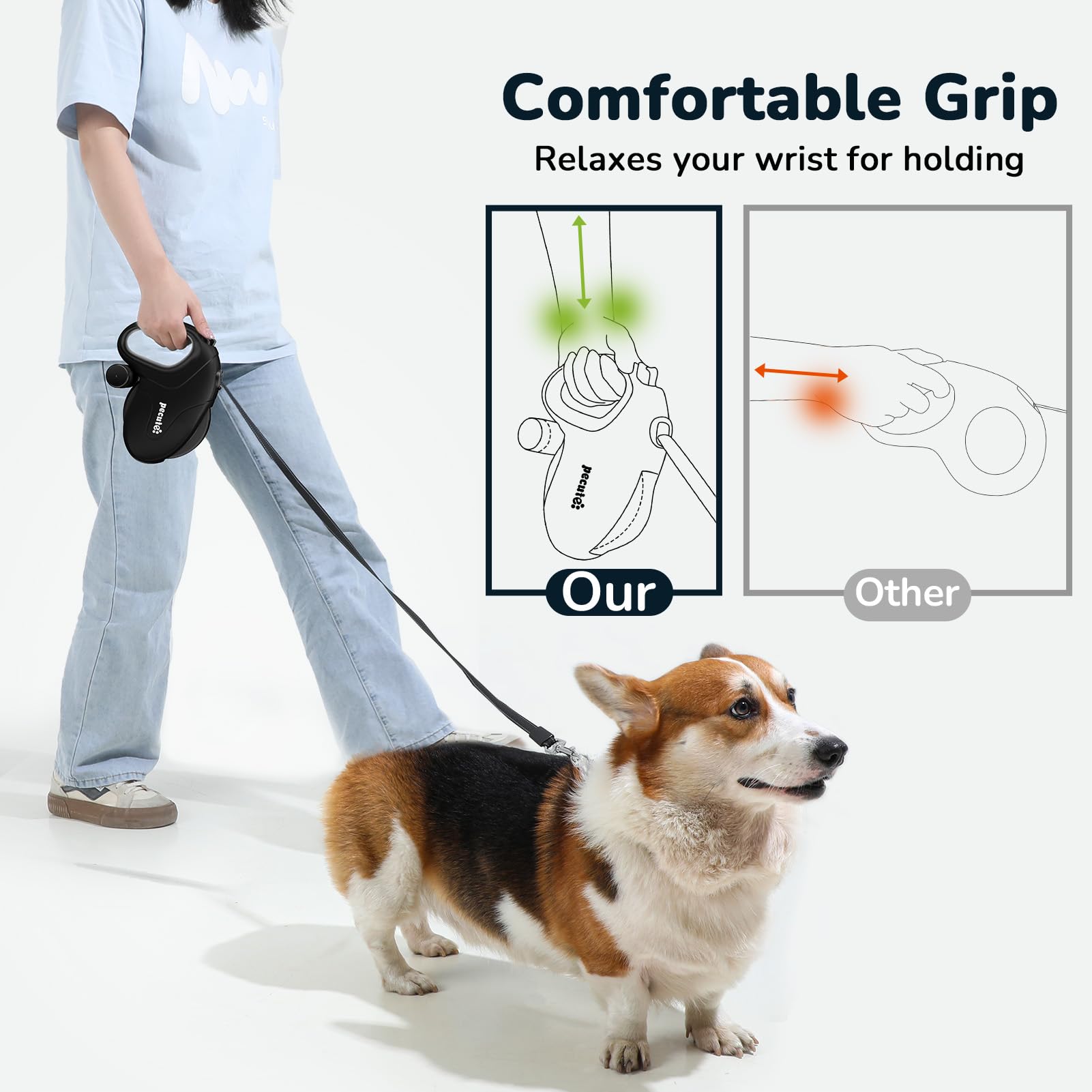 Pecute Correa Perro Extensible/Retráctil 10M, hasta 50KG, Correas con Bandas Reflectantes para los Paseos Diarios del Perro|Perros Accesorios