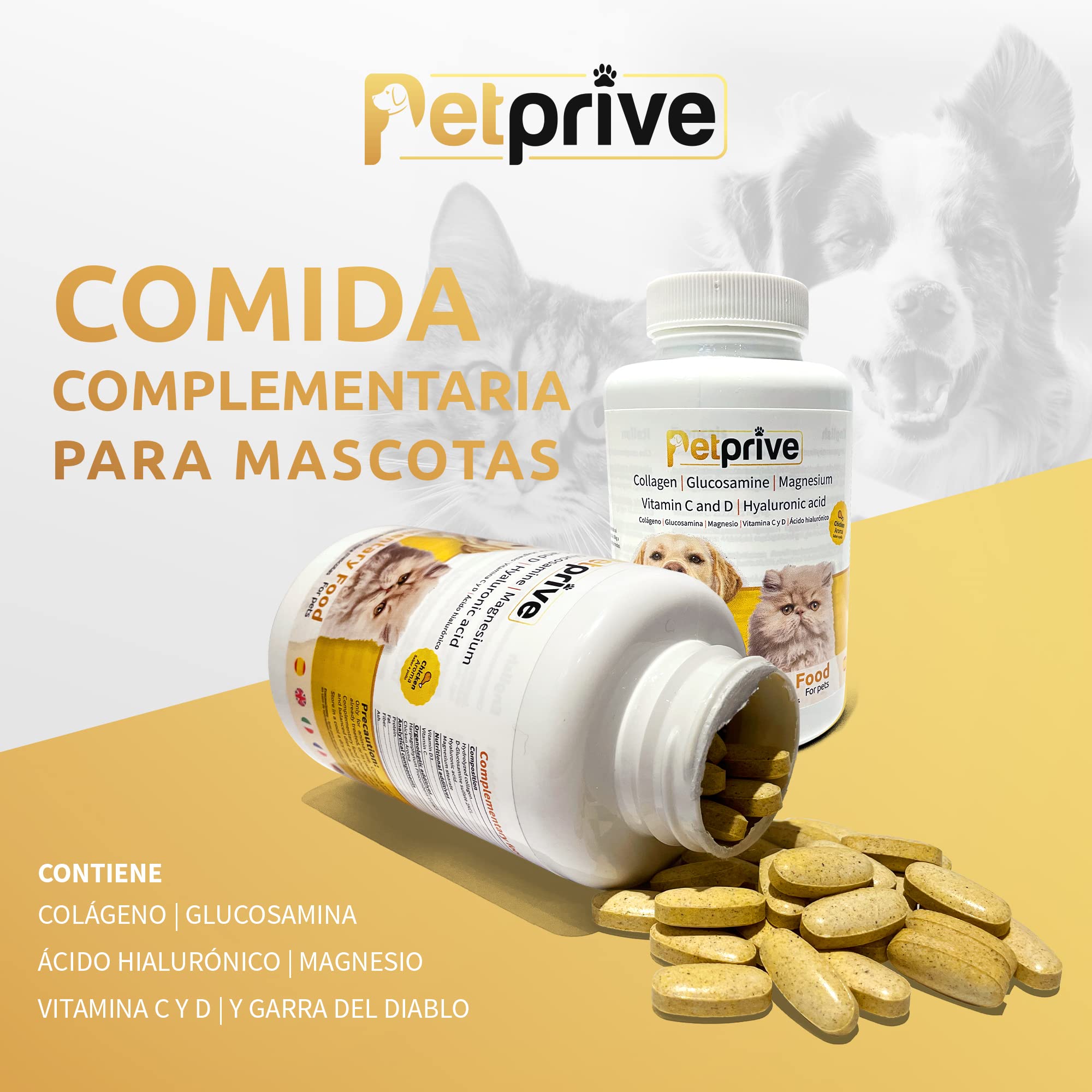 Suplemento Natural Antiinflamatorio Condoprotector para Perros y Gatos con Colágeno Hidrolizado, Glucosamina, Ácido Hialurónico, Magnesio, Vitamina C y D y Garra del Diablo