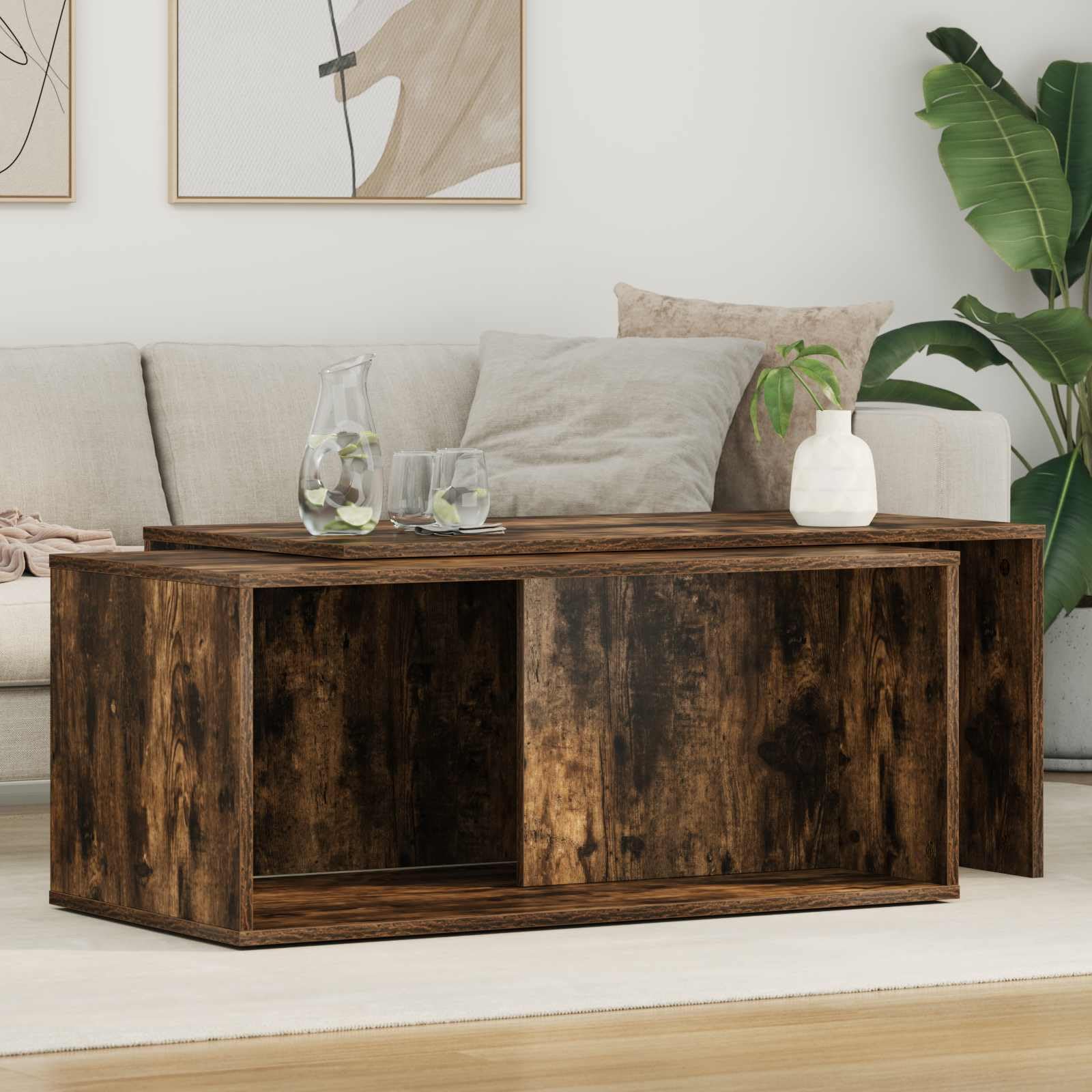 Set di 2 tavolini rettangolari in legno di rovere affumicato | Set di tavolini flessibili per il soggiorno con superficie facile da pulire e dal design minimalista.