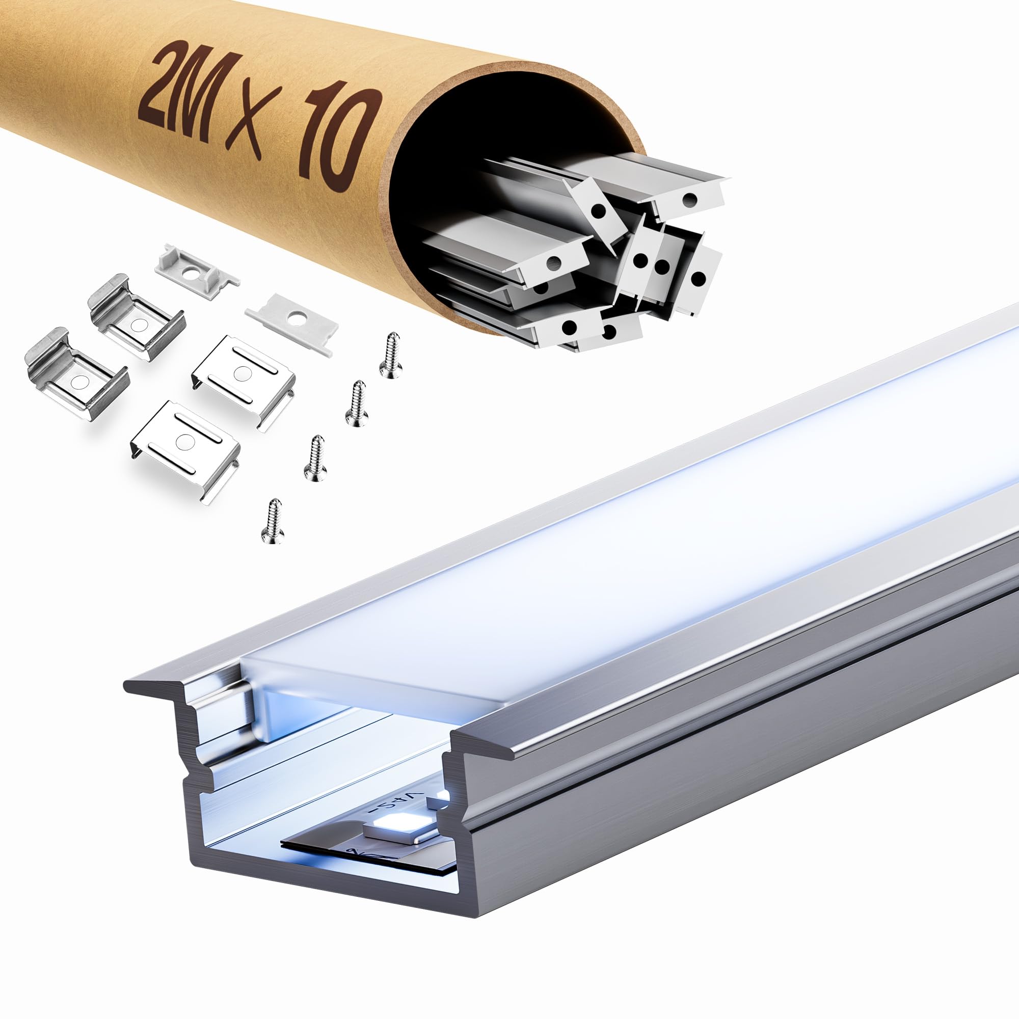 LED Profil Schiene 2m aus eloxiertem Aluminium, Aluminium Profil passend für 15mm Streifen, mit opalem Diffusor (SP23, 10 Stück (20 m))