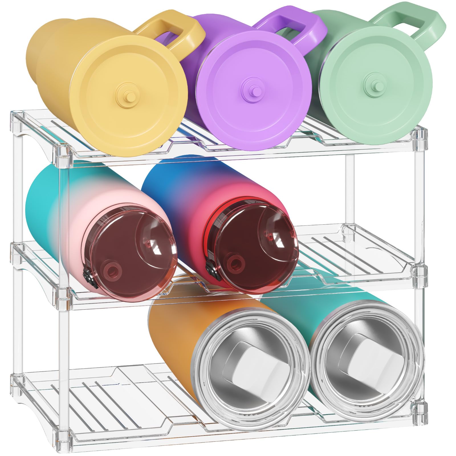 Lifewit Stackable Water Bottle Storage Organizer, Clear Freestanding Wine Bottle Holder for Cabinet, Tumbler Cup Organizer, Plastic Large Compartment Wine Rack for Fridge Cellar, 3Tier Hold 9