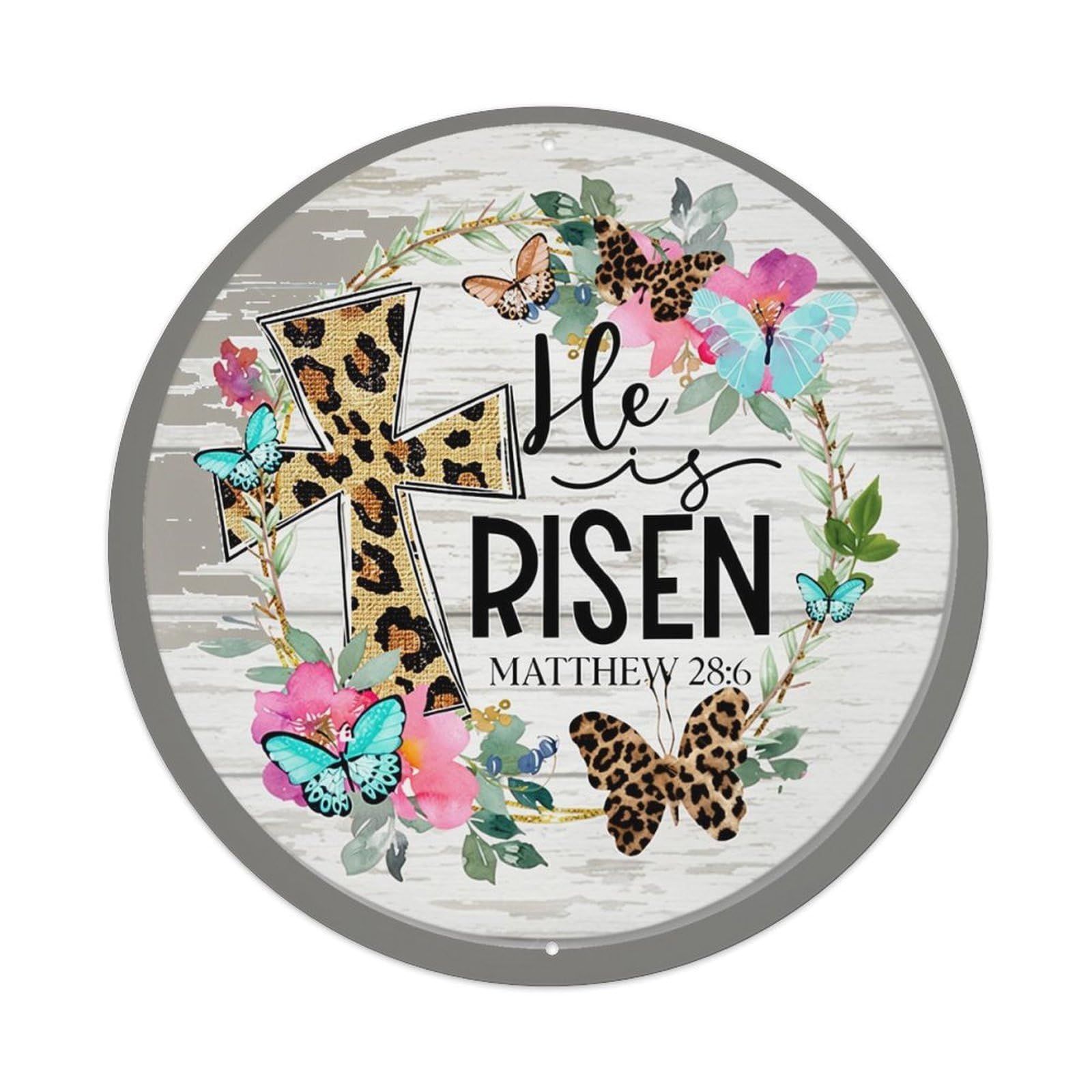 Leopard Cross Floral Butterflies Text Vintage Round Tin Sign Retro Metal Wall Decor Metal Poster, Home Bar Garage Cafe Wall Art Decoration 8x8Inches