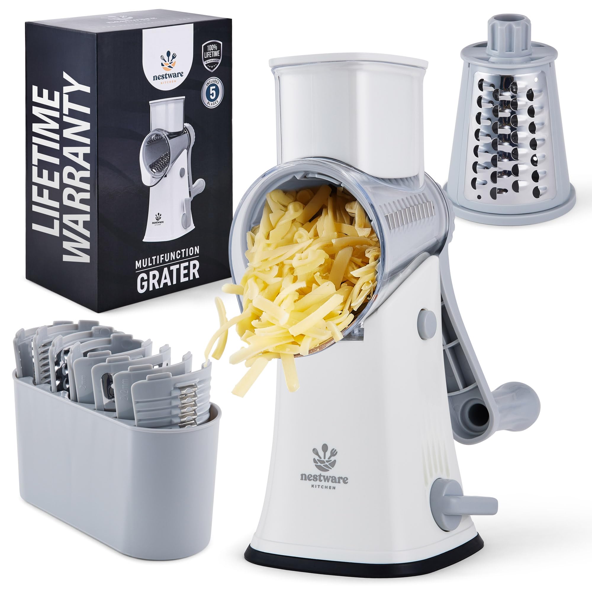 Rotary Cheese Grater 5 Blade Cheese Shredder Reinforced Suction & 5 Interchangeable Drums - Easy to Use Vegetable Chopper (White)