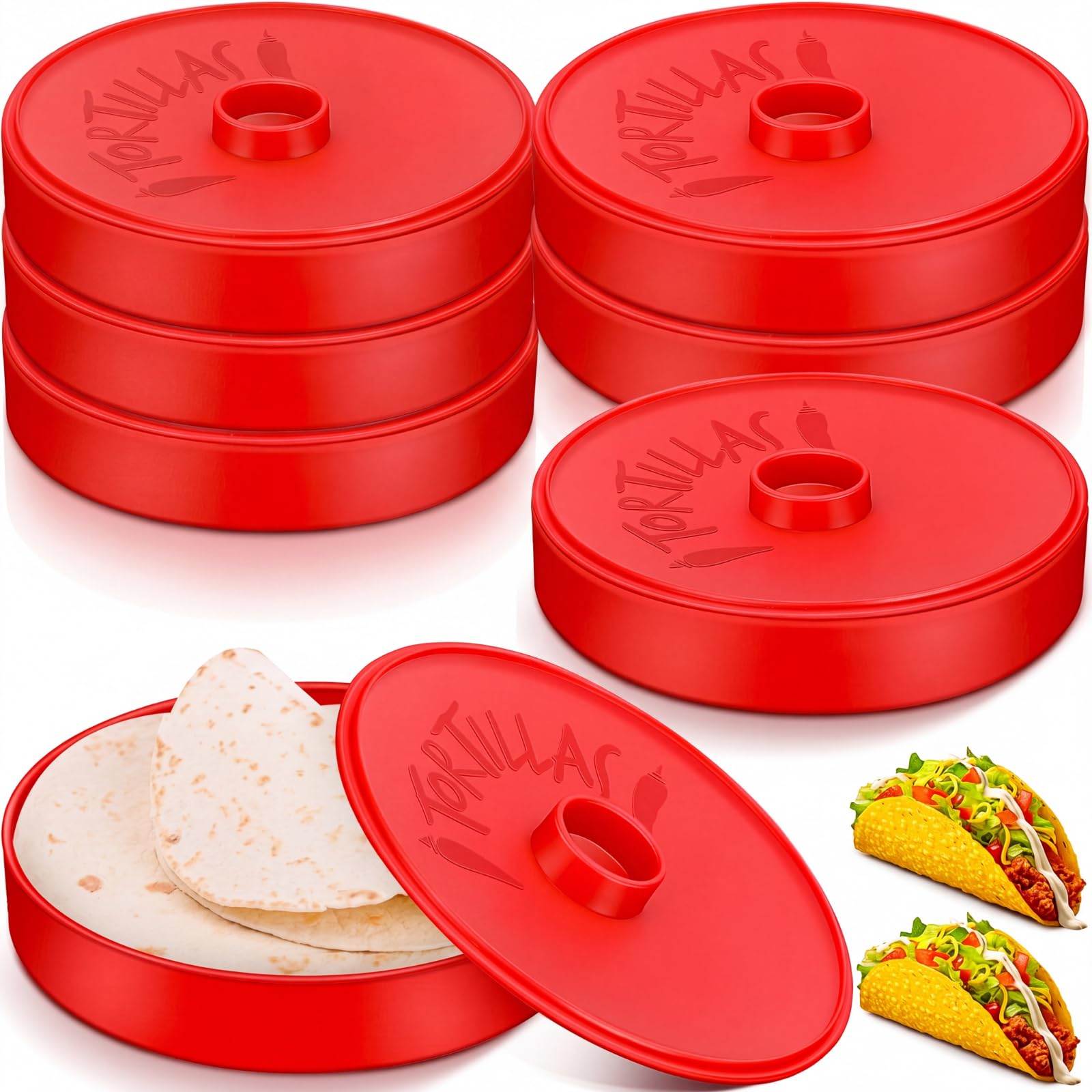 Photo 1 of Nuogo 8 Pcs 7.2 Inch Tortilla Warmers Tortilla Holder Taco Storage Container Large Taco Warmer with Lid Pancake Warmer for Keeping Pancakes Warm, Microwave and Dishwasher Safe(Red)