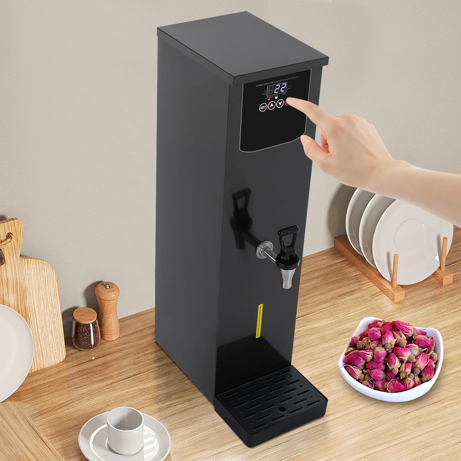 7.93Gal Hot Water Dispenser with Step Heating & 24H Timer 3000W 13.2Gal/H Water Boiler Countertop Boiling Water Machine for Restaurant, Home, Boba Tea (Black)