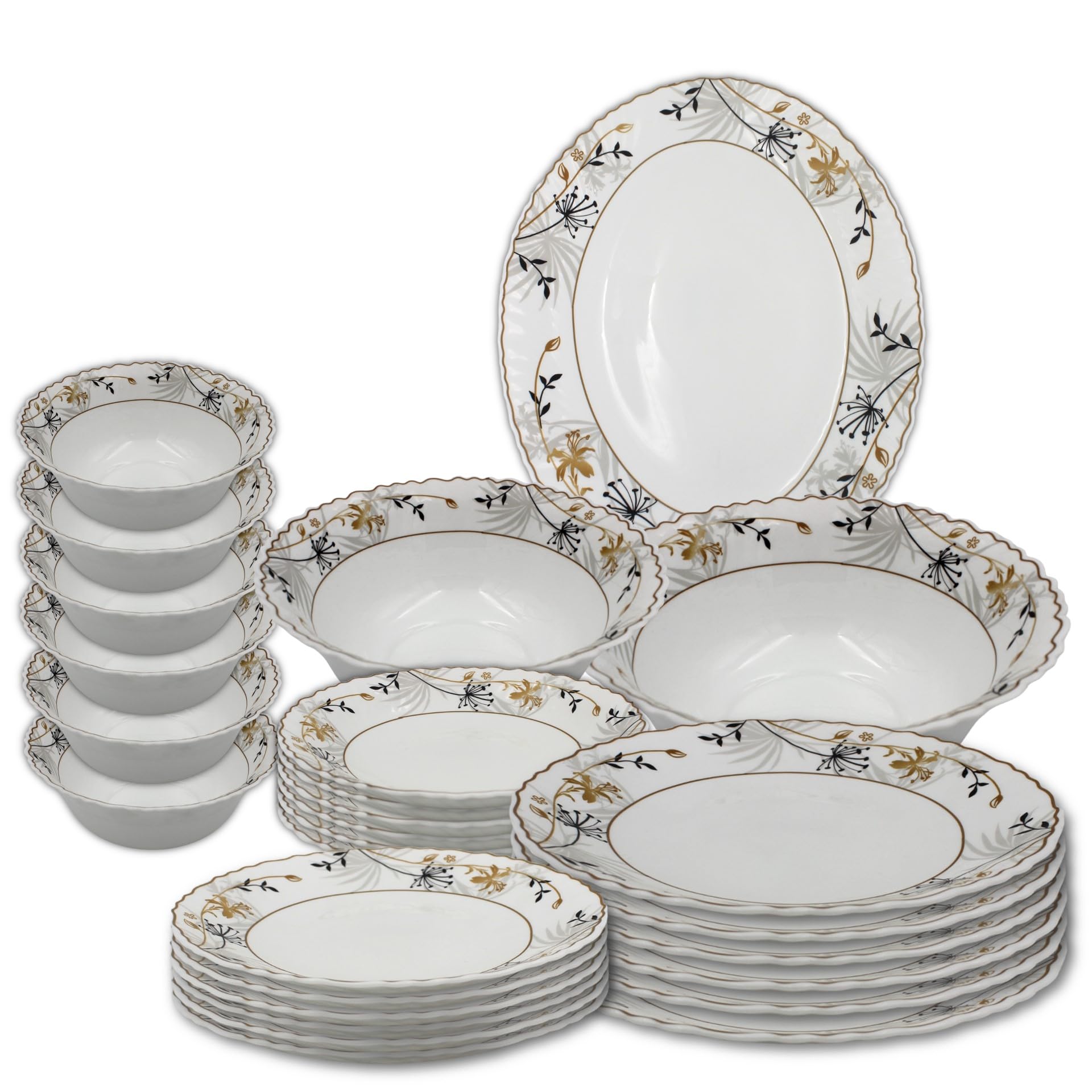 27 Piece Opalware Dinnerware Set 6 DInner plate, 6 Dessert plate, 6 Soup plate, 6 Bowls, 1 Large Serving Bowl, 1 Medium Salad Bowl, 1 Large Oval Serving Plate