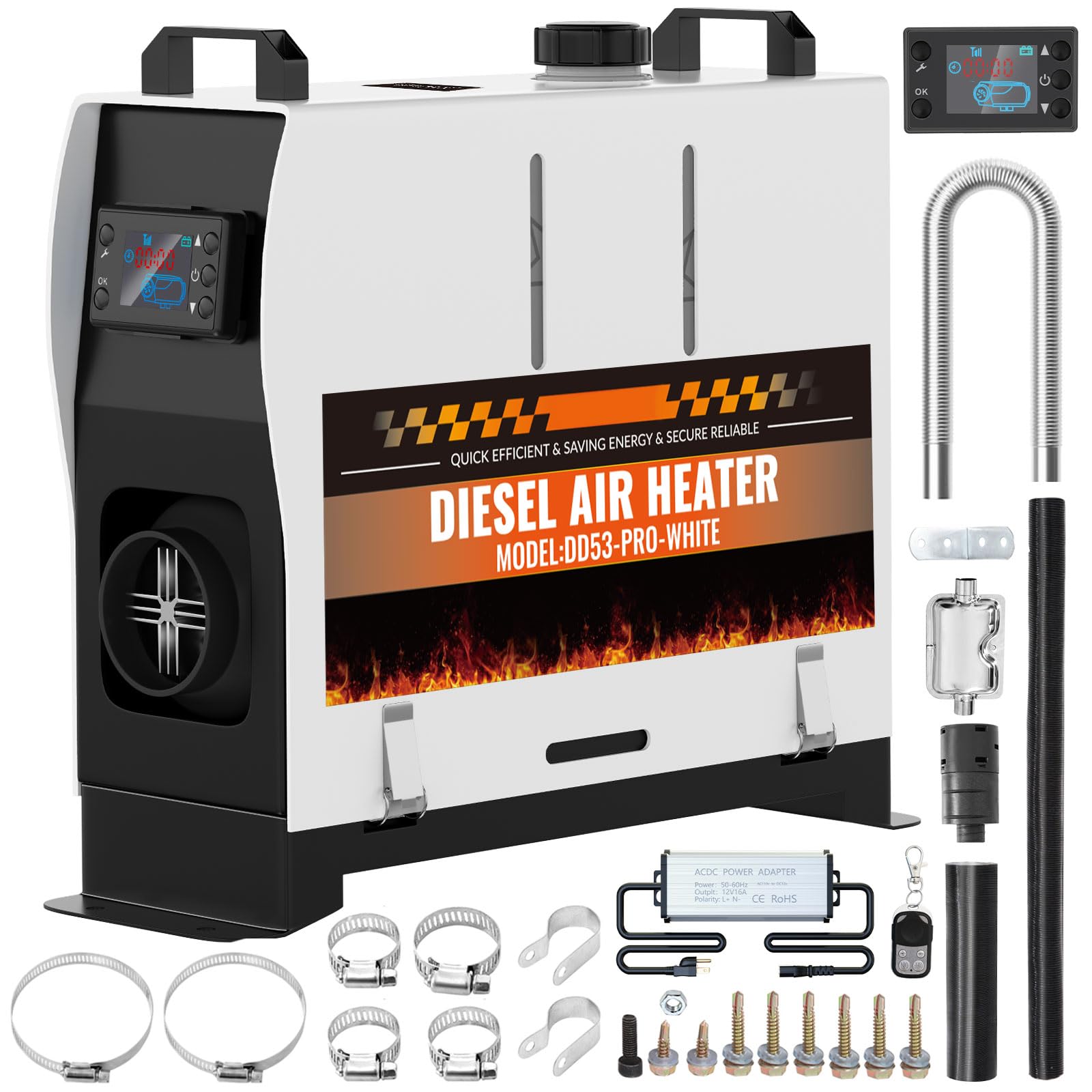 Chauffage Diesel 8 kW, Réchauffeur d'Air Diesel 12V/24V & 110-240V, Vertical Tout-en-Un Portable, avec Télécommande et Écran LCD, Faible Bruit, 0,16-0,62 L/h, 20-25 m², pour Camping-Car, Camion, Bus