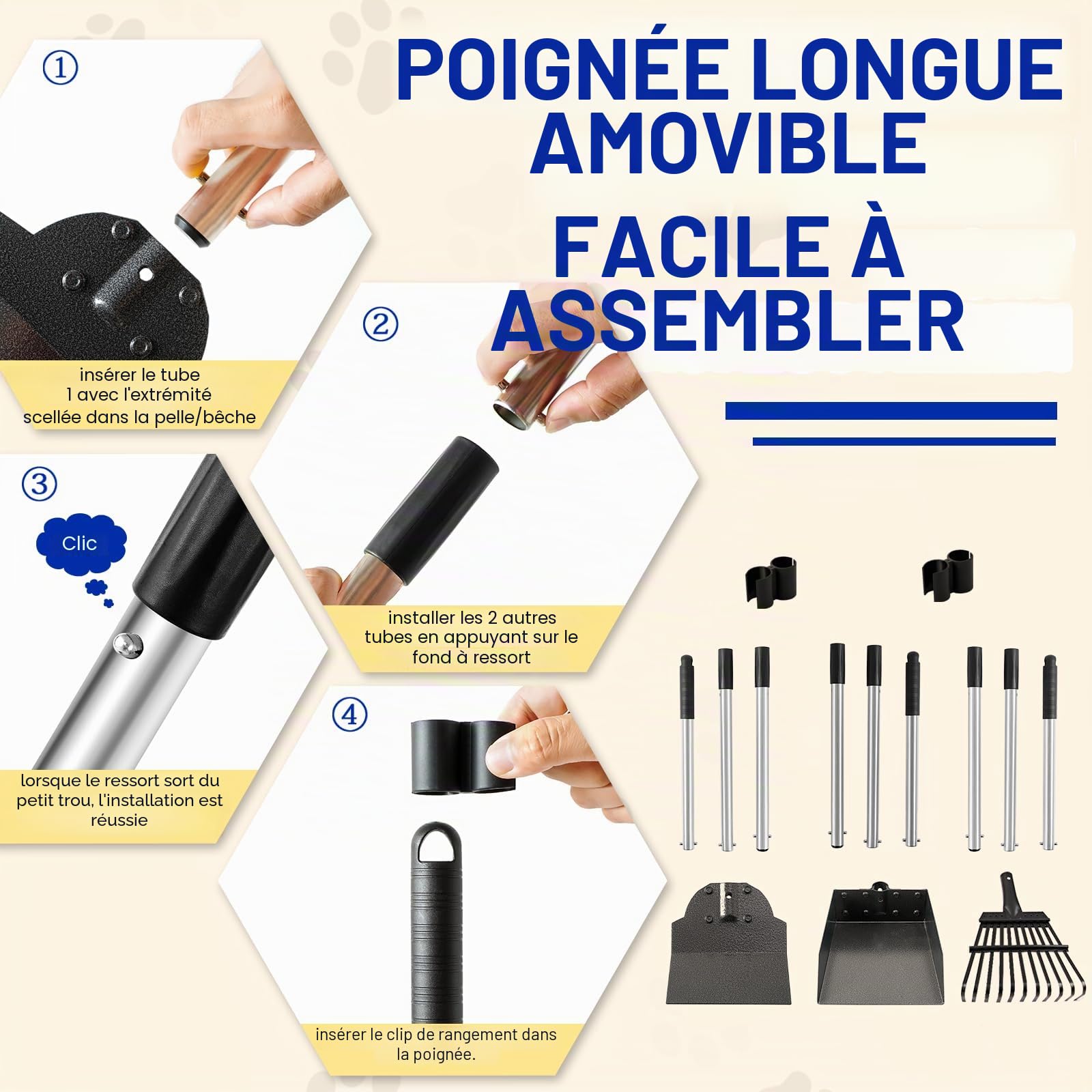 Snagle Paw Dog Poop Scooper Lot de 3 pelles à déjections canines et râteau en métal pour grands, moyens et petits chiens avec longue poignée réglable Rake Waste Removal