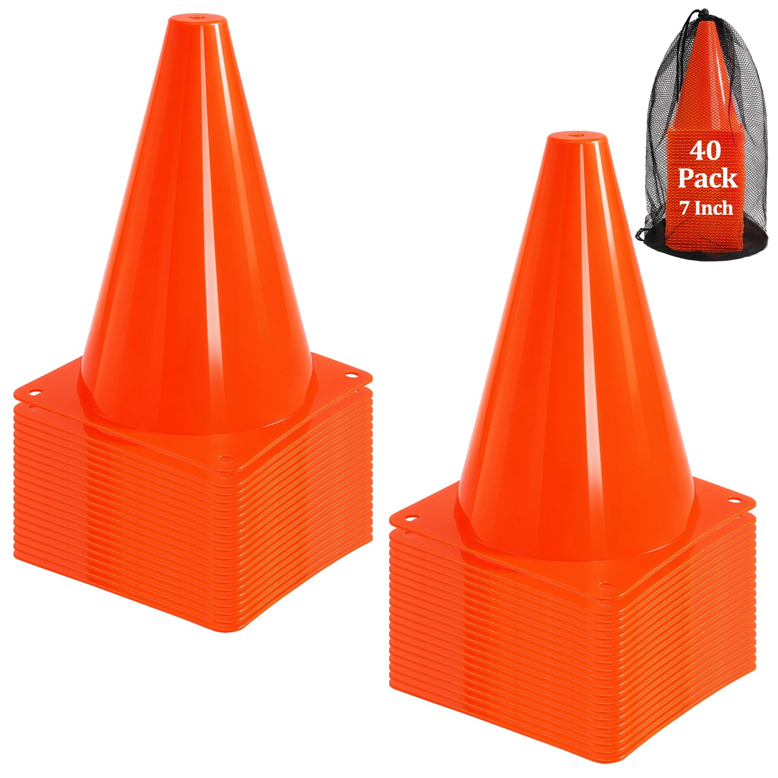 40 Pack 7 Inch Plastic Sport Training Traffic Cone, Orange