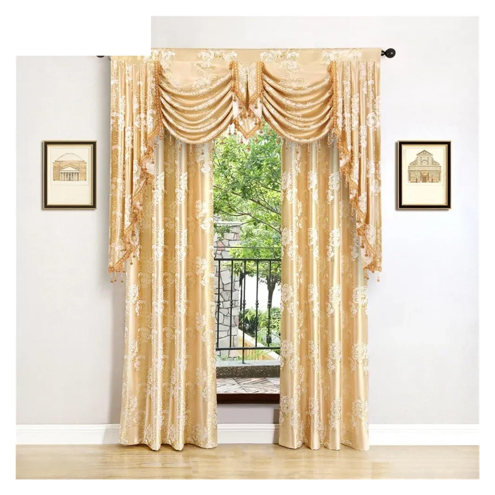 Cantonnière À Franges Rideaux for Salon, Chambre à Coucher, Salle à Manger, cantonnière de Luxe Royal, fenêtre Swag, Support d'arrière-Plan de Mariage(Gold,Rod Pocket_600CM Width)