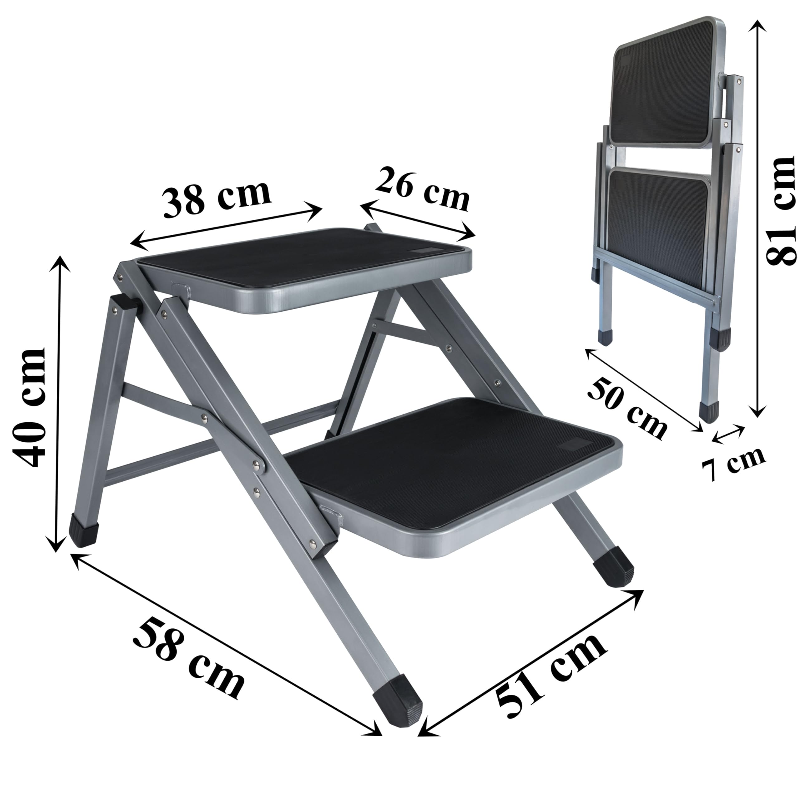 Caravan Klappbare 2 Stufen Tritt 51x58x40 cm aus Stahl bis zu 150kg belastbar mit Anti-Rutsch-Trittfläche Einstiegshilfe Faltbar Wohnwagen Wohnmobil Klapptritt Doppelstufe