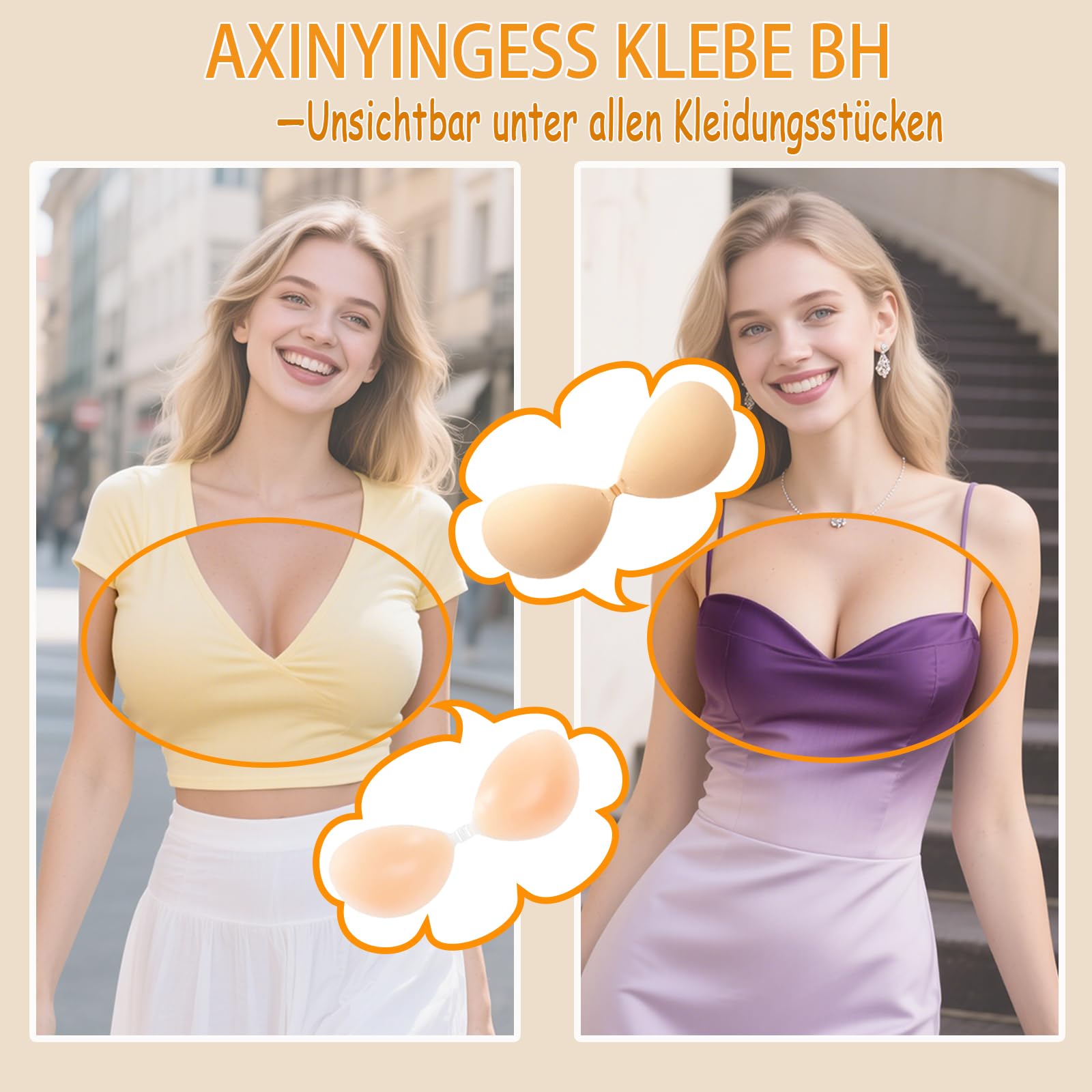 Klebe BH Push Up Trägerloser– Selbstklebender Rückenfreier BHS für Frauen mit Brustwarzenabdeckung Wiederverwendbarer Silikon-Stick BH on für A/B/C/D-Cup Klebe BHS