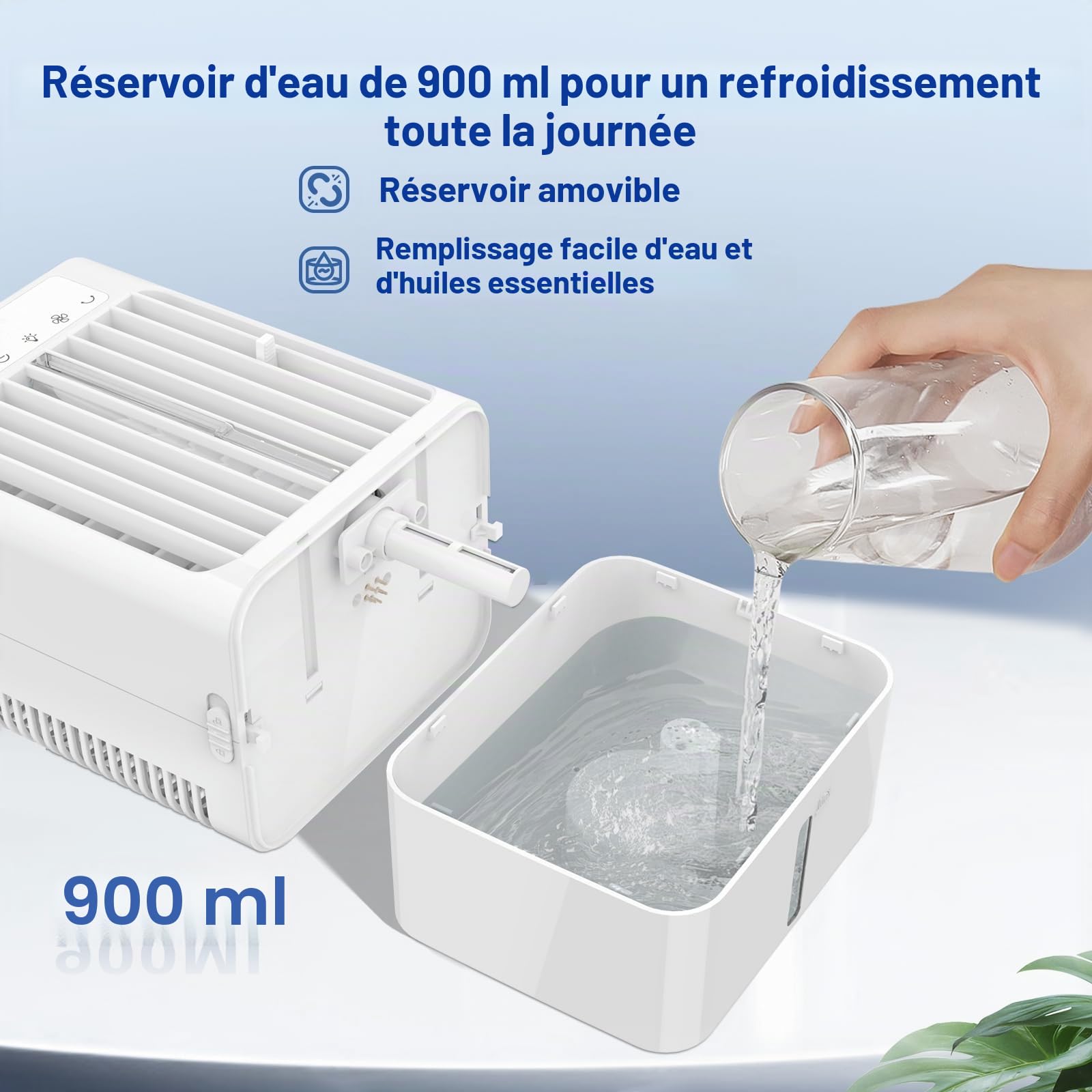 Climatiseur mobile petit, ventilateur silencieux avec refroidissement à eau, ventilateur de table 3 en 1 pour la maison et le bureau, ventilateur d'air portable avec réservoir d'eau de 900 ml