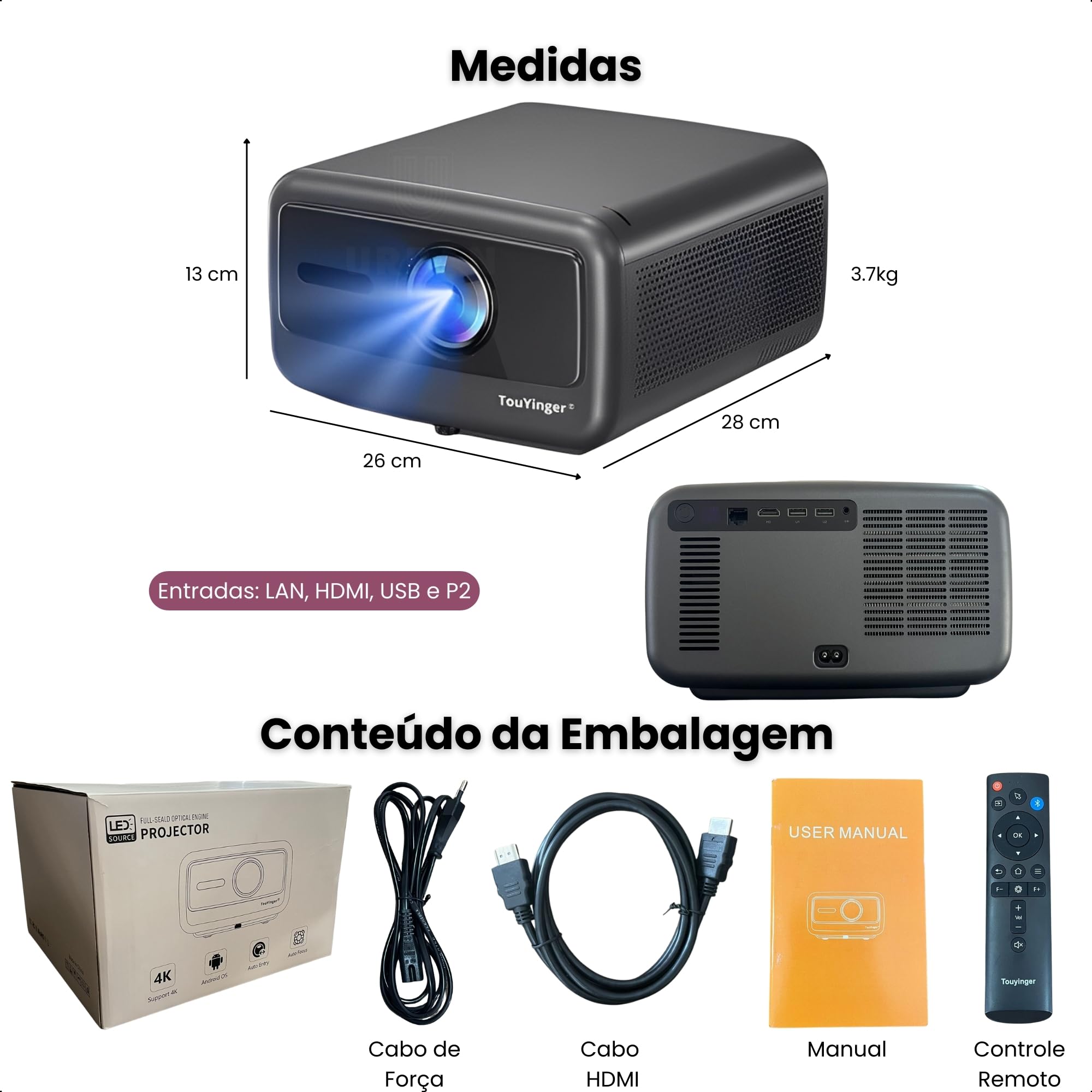 Projetor Touyinger Q12W Pro, Full HD 1080p, 2800 ANSI L mens, Wi-Fi, 3 Alto-falantes, Proje o de 80-300 Polegadas com br