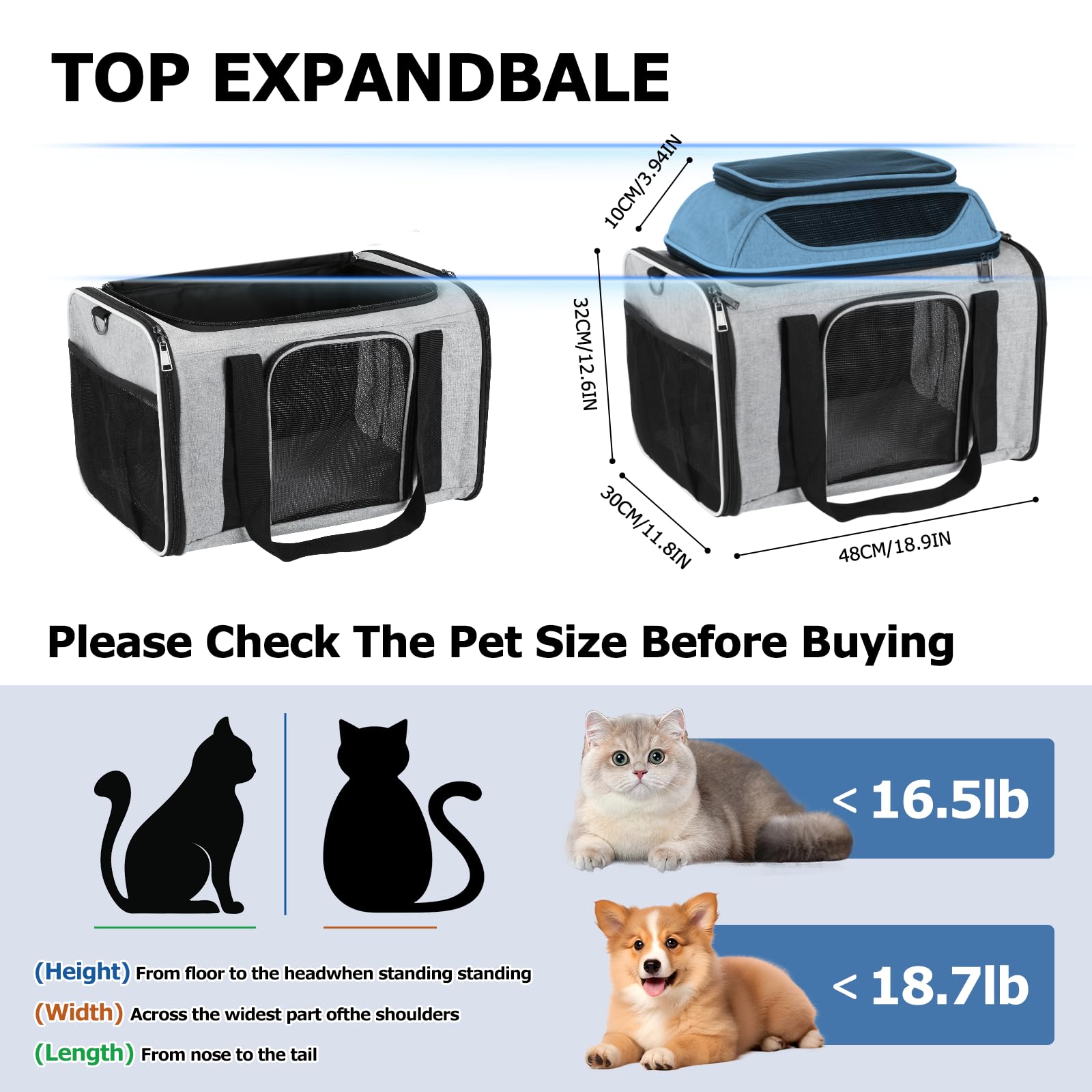 Transportbox Katzen,Faltbare Katzen Transporttasche,für Katze und Welpen bis 8 kg,Atmungsaktiv Katzen transportboxen,mit Sicherheit Reißverschlüsse,für ob Reise,Oder Tierarzttermin (Grau)