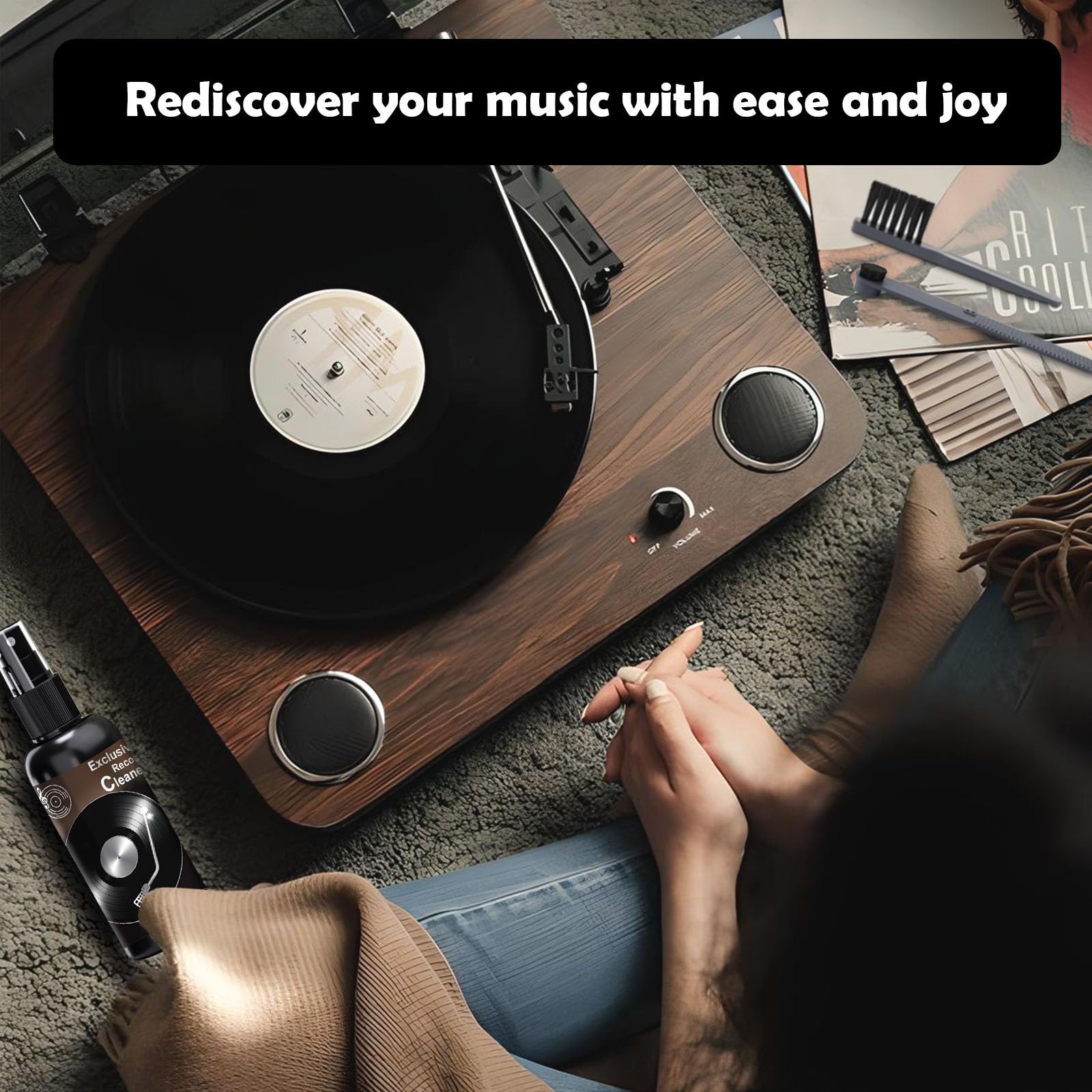Kit de limpieza de discos de vinilo – Kit completo de limpieza de discos de vinilo 4 en 1, limpiador de discos de vinilo de 100 ml, cepillo de registro de terciopelo suave, cepillo de mango