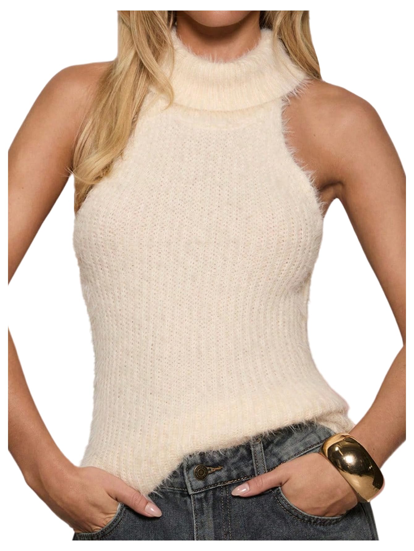 MakeMeChic Womens Fuzzy Sleeveless Turtleneck Sweater Tops Knit Fitted Y2k Pullover Tops