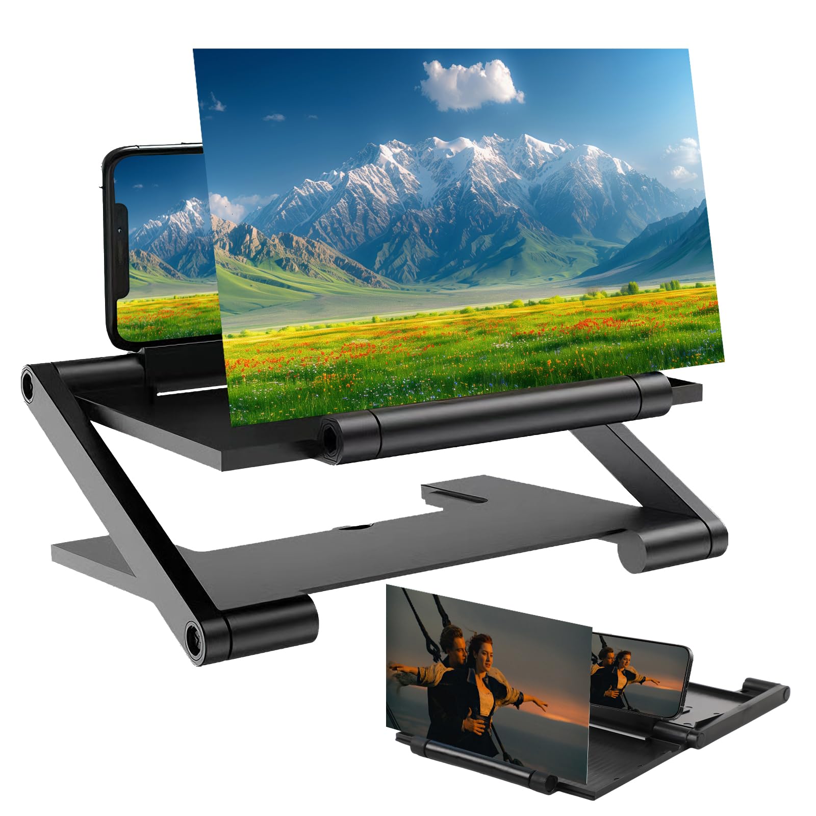 Mobile Phone Magnifier Screen, 2026 New 3D HD Magnifying Projector Screen Enlarger for Movies, Videos and Gaming, Foldable Phone Stand with Screen Amplifier, Compatible with All Smartphones (Black)