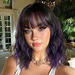 Nnzes Short Wavy Bob Wig with Bangs for Women Shoulder Length Curly Dark Brown with Purple Synthetic Heat-Resistant Fiber Hair for Daily & Party Use