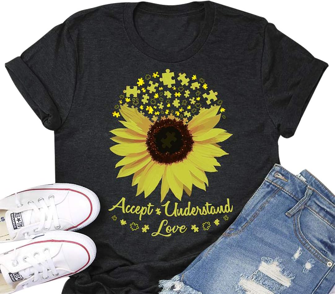 Accept Understand Love Sunflower T-Shirt Women Cute Funny Graphic Puzzle Tee Casual Short Sleeve Shirt Tops