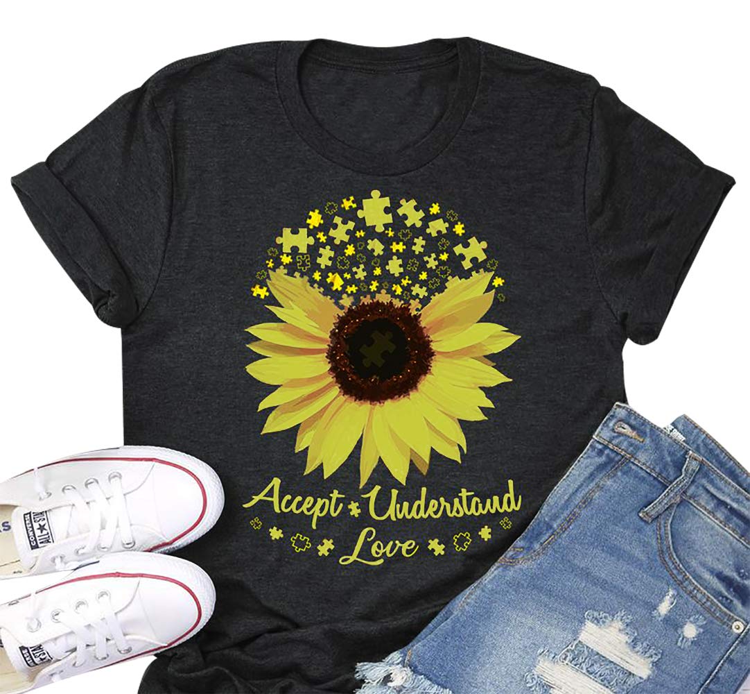 Accept Understand Love Sunflower T-Shirt Women Cute Funny Graphic Puzzle Tee Casual Short Sleeve Shirt Tops