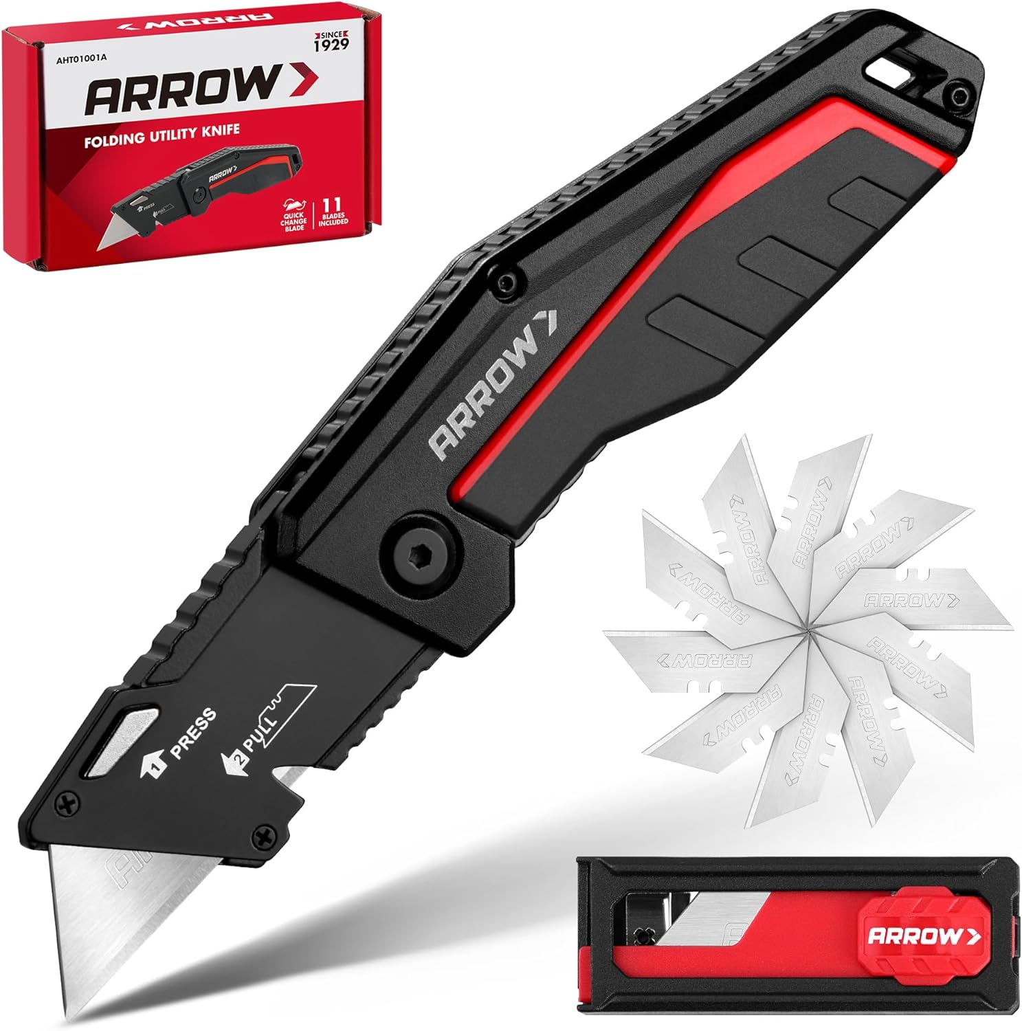 ARROW Folding Utility Knife, Quick-Change Box Cutter with Belt Clip, Liner Lock, Heavy Duty Aluminum Razor Knife with Comfortable Handle, 10 Extra SK2 Blades Included