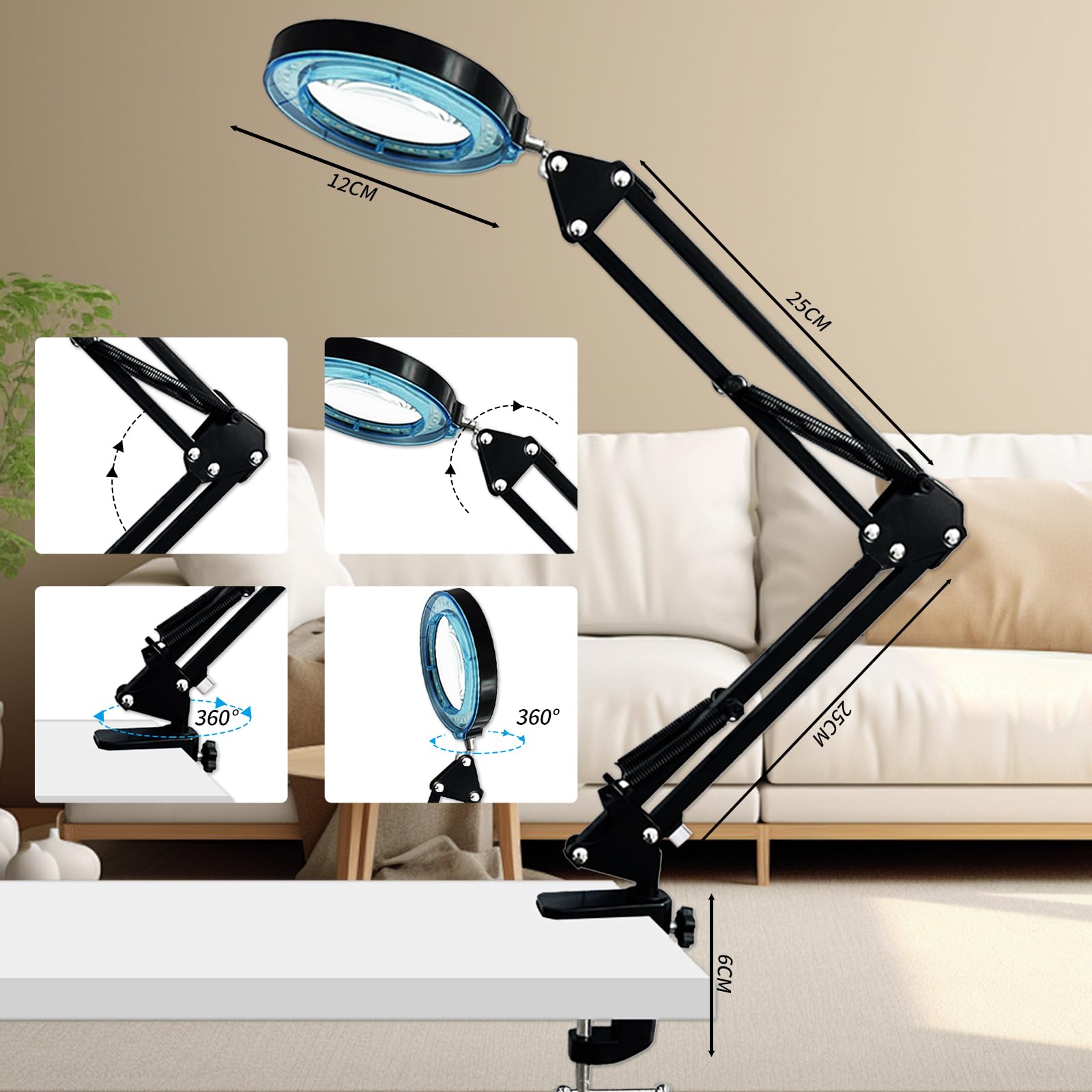 Towwoo Vergrootglas met licht en standaard, 10 x vergrootlamp met klem