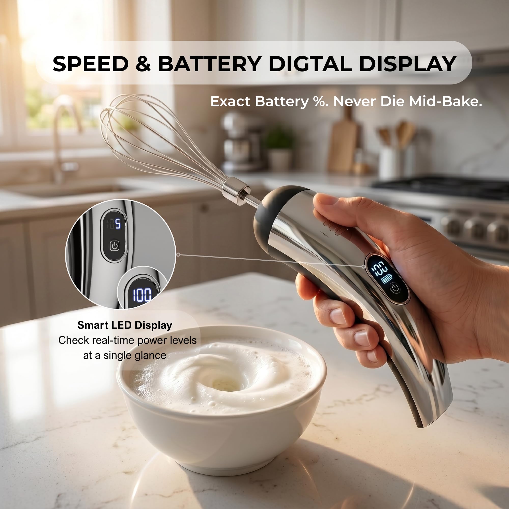 Batidora de mano inalámbrica recargable, pantalla digital de 5 velocidades, batidor de huevos inalámbrico con 2 batidores eléctricos, para bebidas y desayuno, cocinar u hornear en la cocina