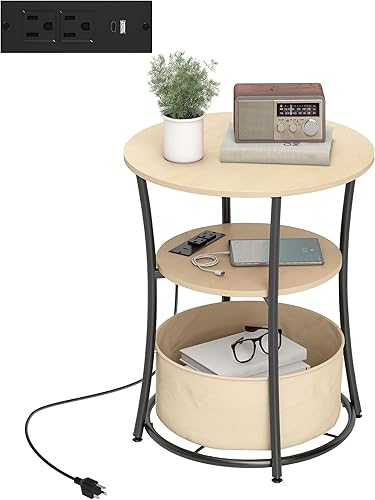 HOMCOM Mesa auxiliar redonda con estación de carga, mesa auxiliar de 3 niveles con bolsa de almacenamiento de tela, estante y marco de acero para