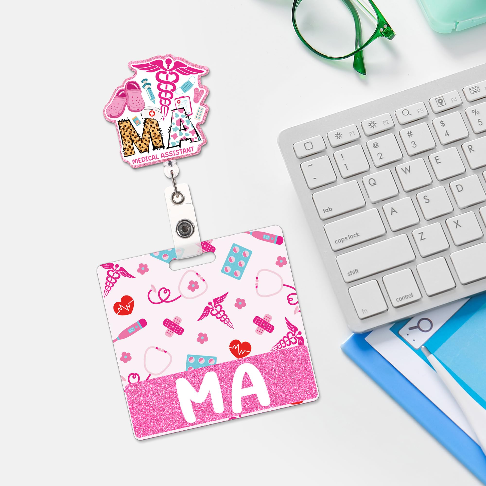 Medical Assistant Badge Reel and Buddy, Pink Retractable ID Holder with Swivel Clip and MA Badge Buddy, Medical Assistant Gifts and Accessories for Work