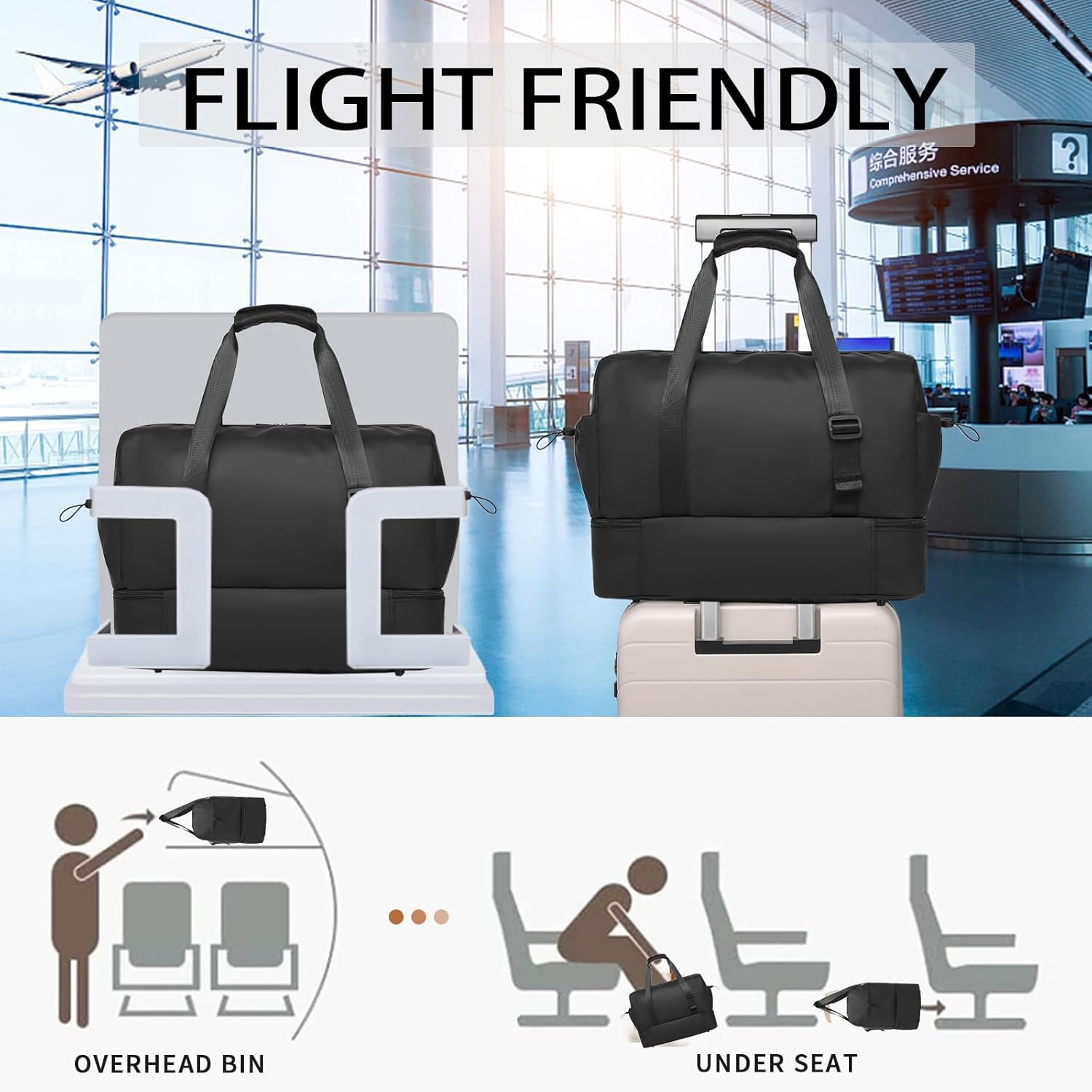 seyfocnia Travel Duffel Bag for Women with Shoe Compartment, Men‘s Travel Bag Carry On Overnight Bag Gym Duffle Sports Bag-Black - Image 5