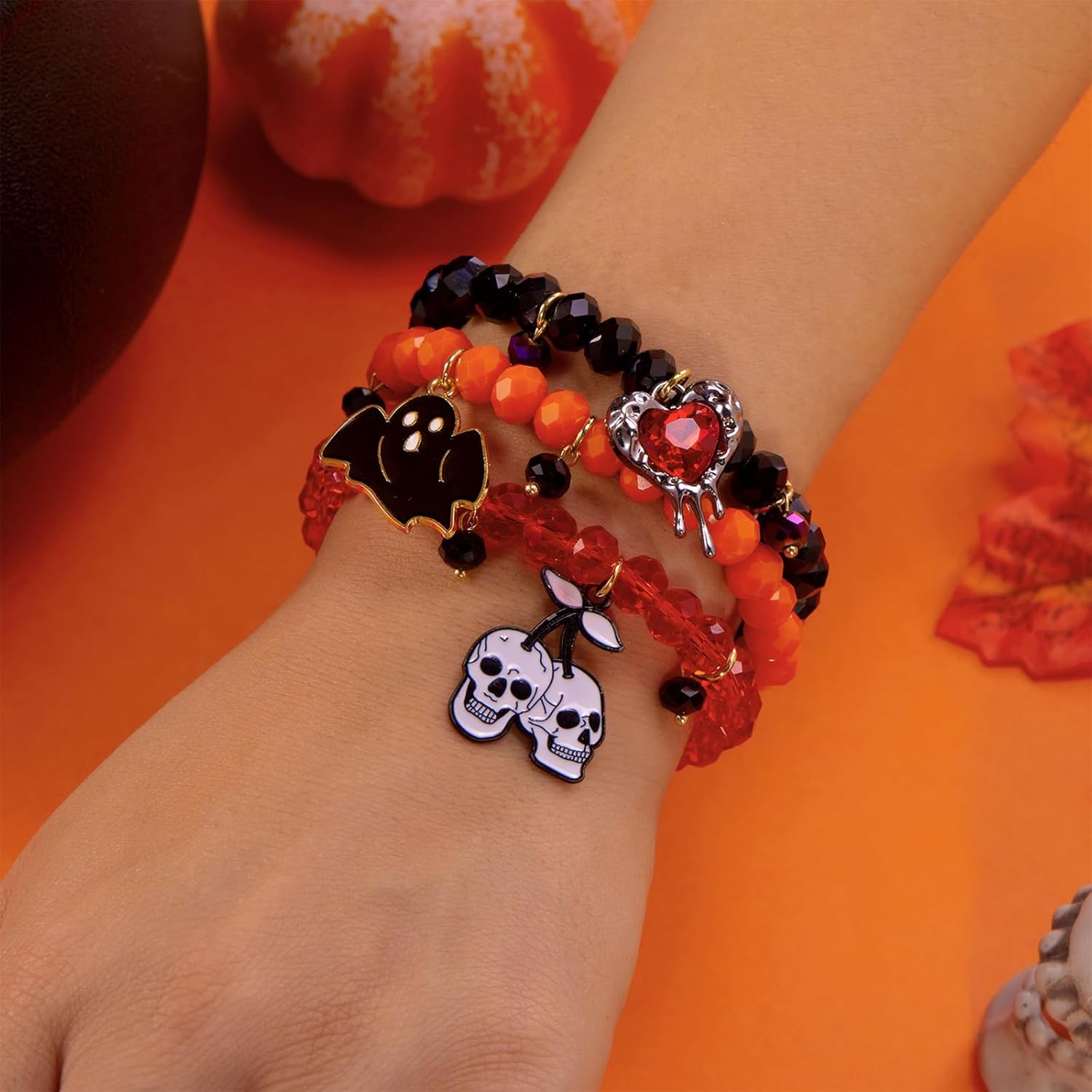 Halloween Charm Bracelets Pumpkin Ghost Bat Skull Stretch Stackable Bracelet Cute Spooky Halloween Costume Accessories - Image 2