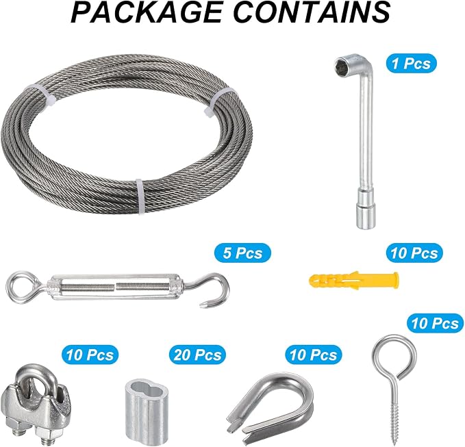 Kit de tensores para cables PATIKIL de acero inoxidable 1/8", 50 pies, con ganchos y ojales, abrazaderas, grampas y herramientas para exteriores miniatura 5