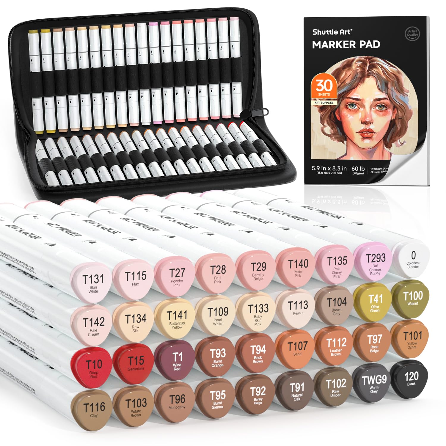 Shuttle Art 36 Colors Skin Tone&Hair Art Markers, Dual Tip Alcohol Based Marker Pen Set Contains 1 Blender 1 Carrying Case 1 Marker Pad Perfect for