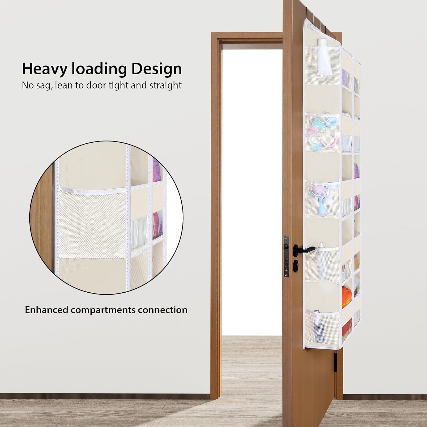 KEEGH Over The Door Organizer, 5 Tiers Large Capacity Over The Door Storage Organizer with 10 Mesh Side Pockets, Door Organizer Hanging for Bedroom, Nursery, Bathroom and Pantry (Beige)