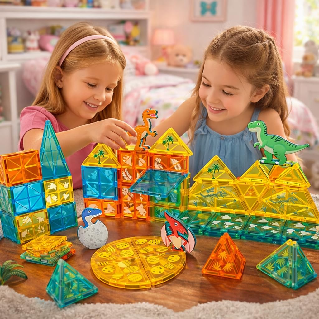 Wonder Toys STEM zestaw do budowania dinozaurów, 63 części, klocki magnetyczne 3D, zabawka edukacyjna od 3 lat