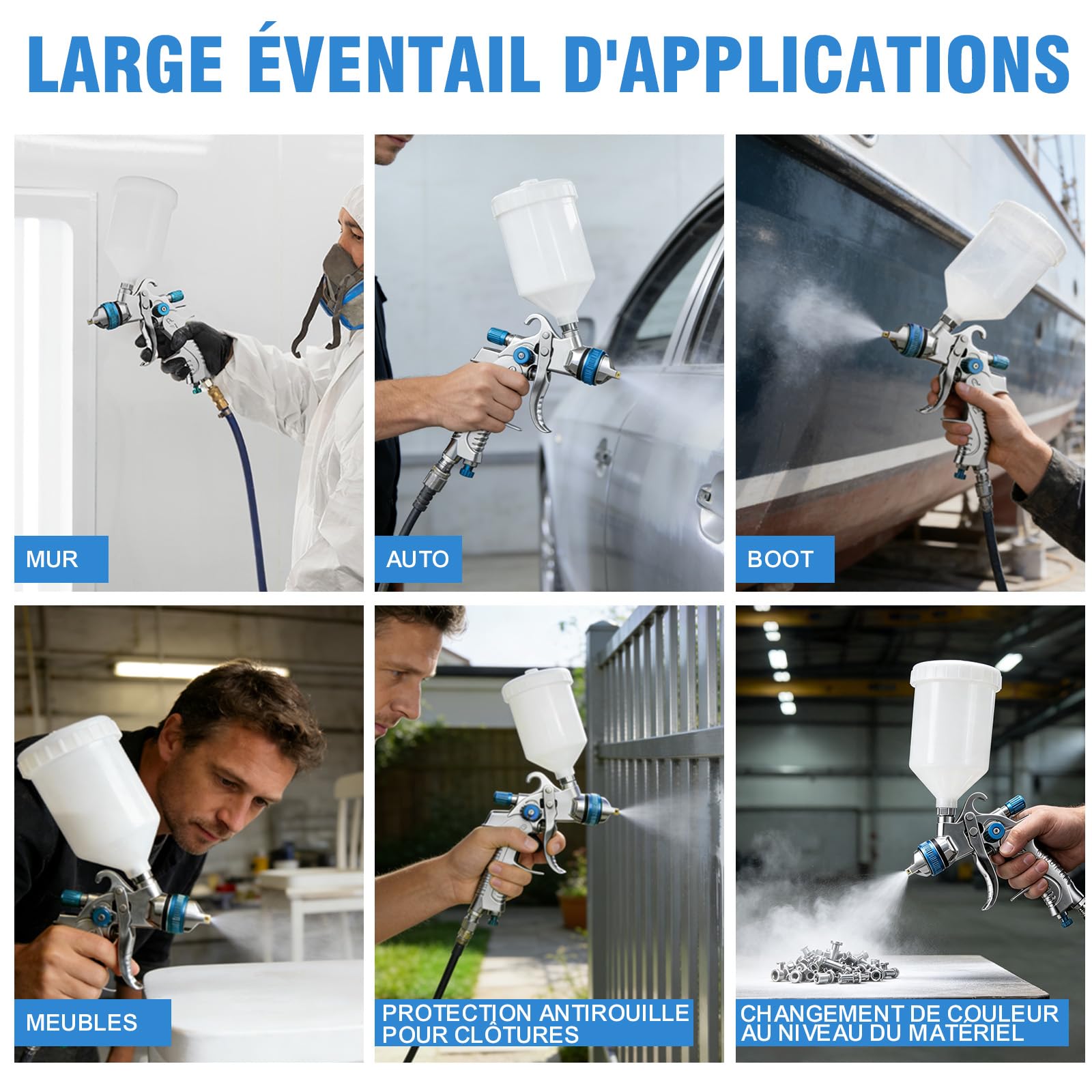 Pistolet à Peinture HVLP, 4 buse1,4/1,7/2,0/2,5mm, gobelet Plastique 600ml