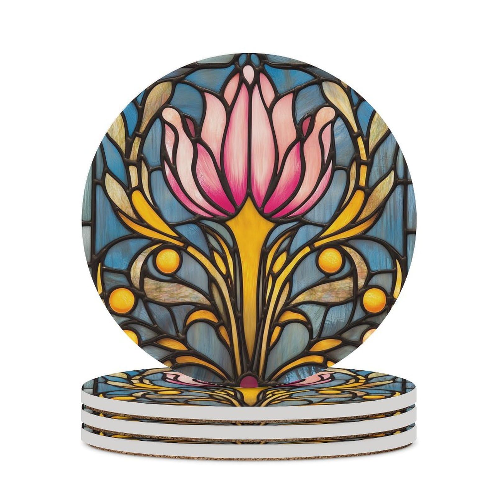 Stained Glass Stylized Pink Floral Coasters Set of 4 Absorbent Coasters