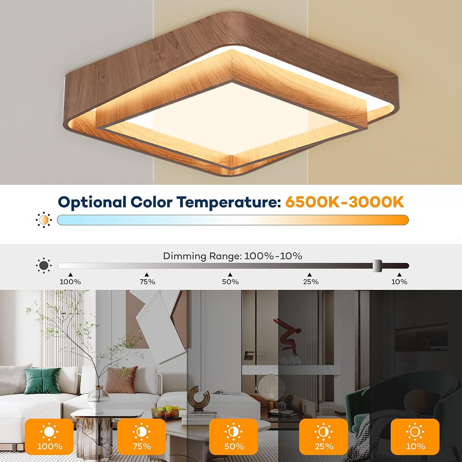 Lámpara Techo LED Metal Con Panel Cuadrado, Imitación Madera.